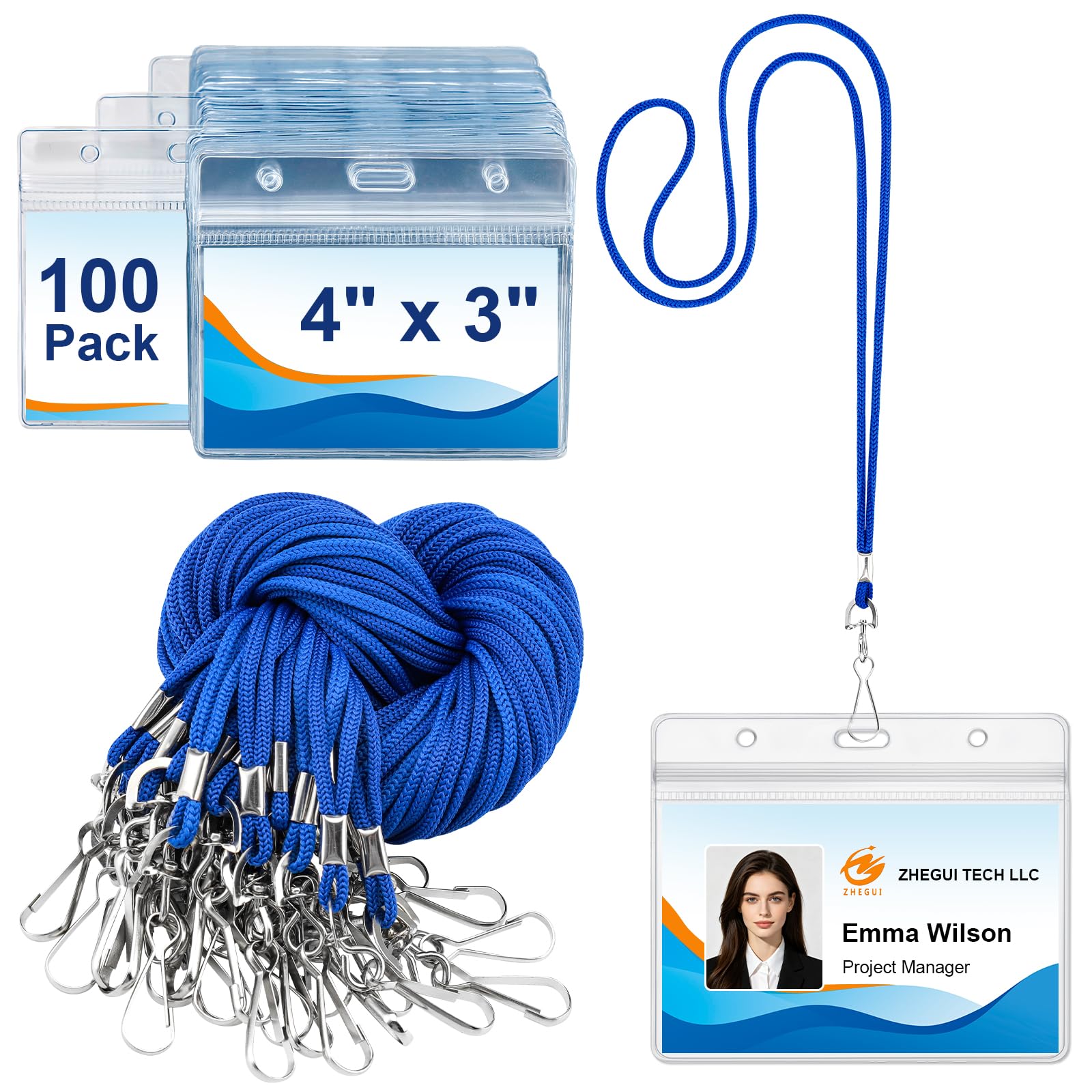 Ausweishalter mit Abreißbändern, transparenter Kunststoff, horizontal, Namensschild-Halter mit Sicherheits-Umhängeband, strapazierfähig, wasserdicht, wiederverschließbar, PVC-Ausweishalter mit