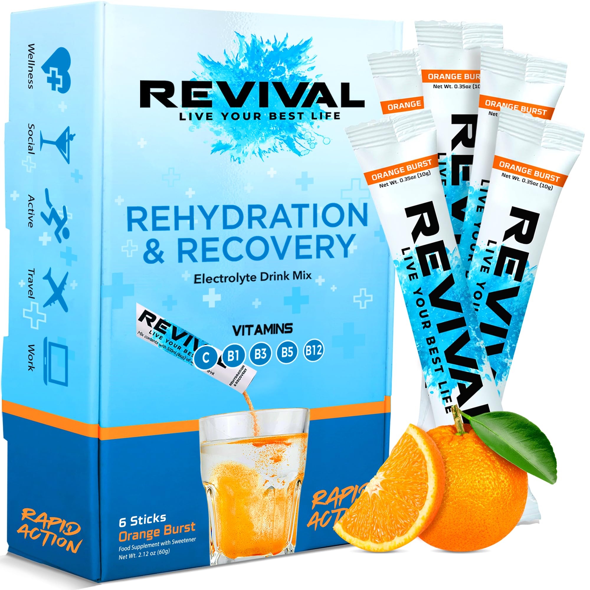 Revival Rapid Rehydration Electrolytes Powder High Strength Vitamin C B1 B3 B5