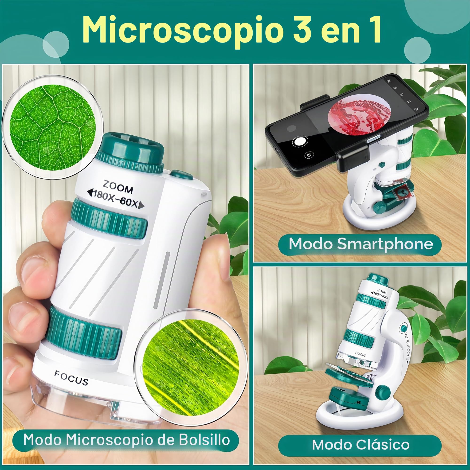 KinZon Microscopio 3 en 1 para niños, con 5 cuchillas preparadas, luz LED, 60x-180x, juguete científico educativo, desde 6 años