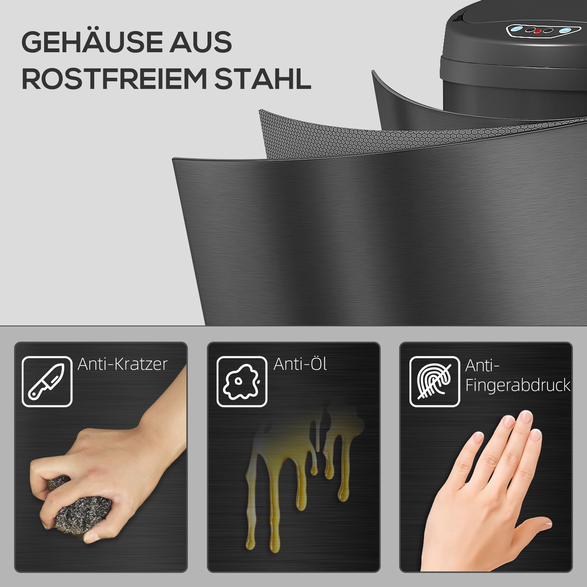 HOMCOM Cubo sensor 50L Soft-Close Automático Sin contacto Negro | Sensor de movimiento, acero inoxidable resistente a huellas, cocina higiénica, uso en oficina en casa