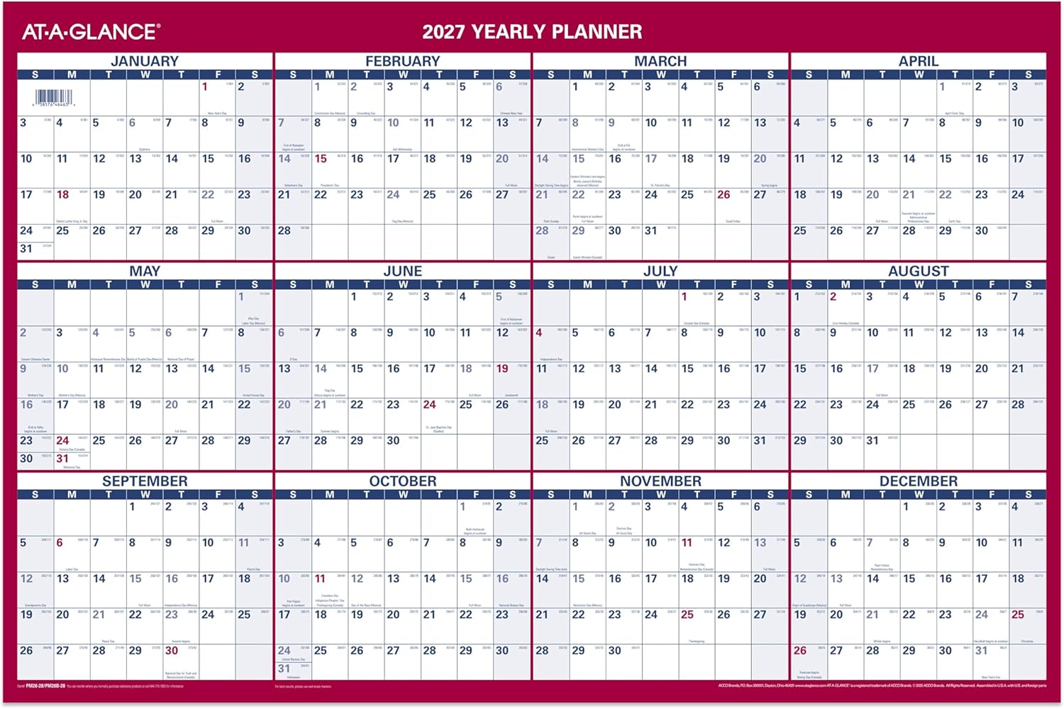 AT-A-GLANCE 2027 Erasable Calendar, Dry Erase Wall Planner, 48" x 32", Vertical-Horizontal, Reversible (PM3262827)