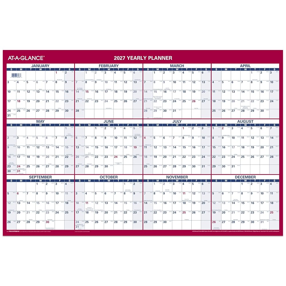 AT-A-GLANCE 2027 Erasable Calendar, Dry Erase Wall Planner, 36" x 24", Vertical-Horizontal, Reversible, Includes Marker (PM262827)