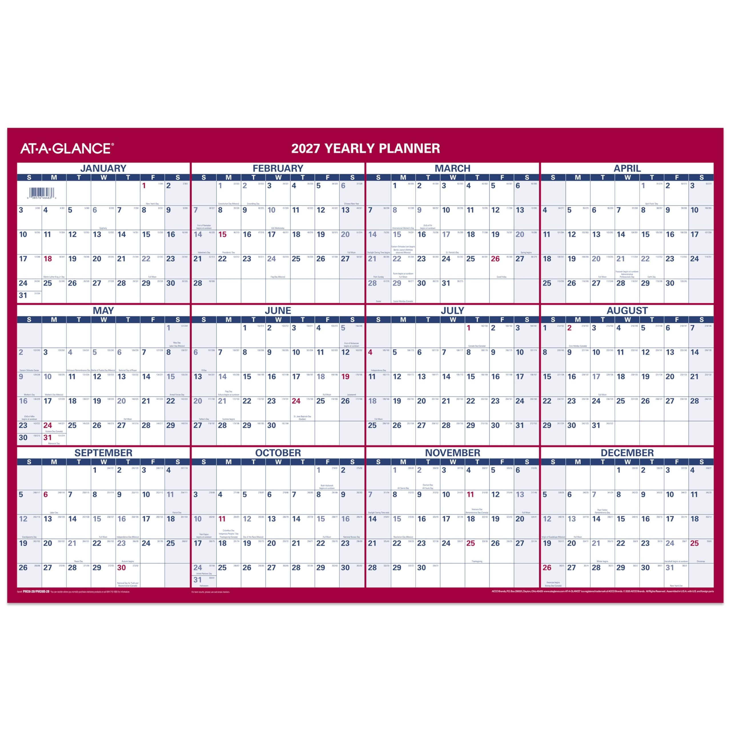 AT-A-GLANCE 2027 Erasable Calendar, Dry Erase Wall Planner, 36" x 24", Vertical-Horizontal, Reversible, Includes Marker (PM262827)