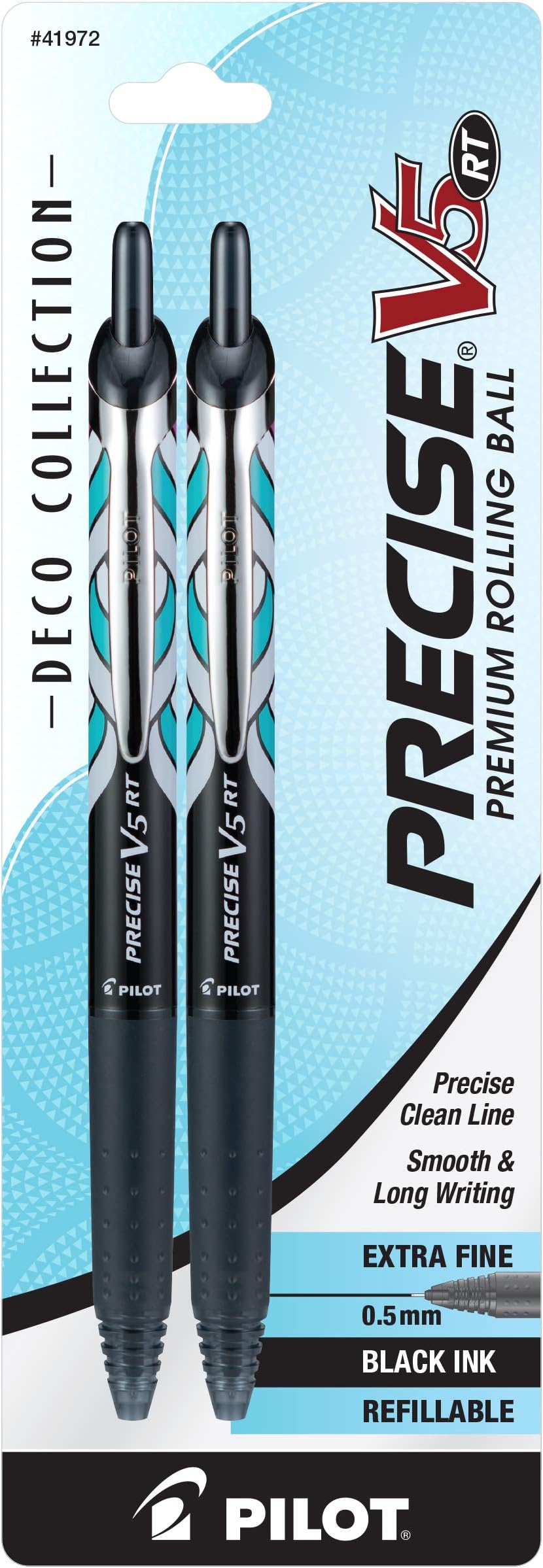 Precise V5 RT Deco Collection Refillable & Retractable Liquid Ink Rolling Ball Pens, Extra Fine Point 0.5 mm, Black, Pack of 2