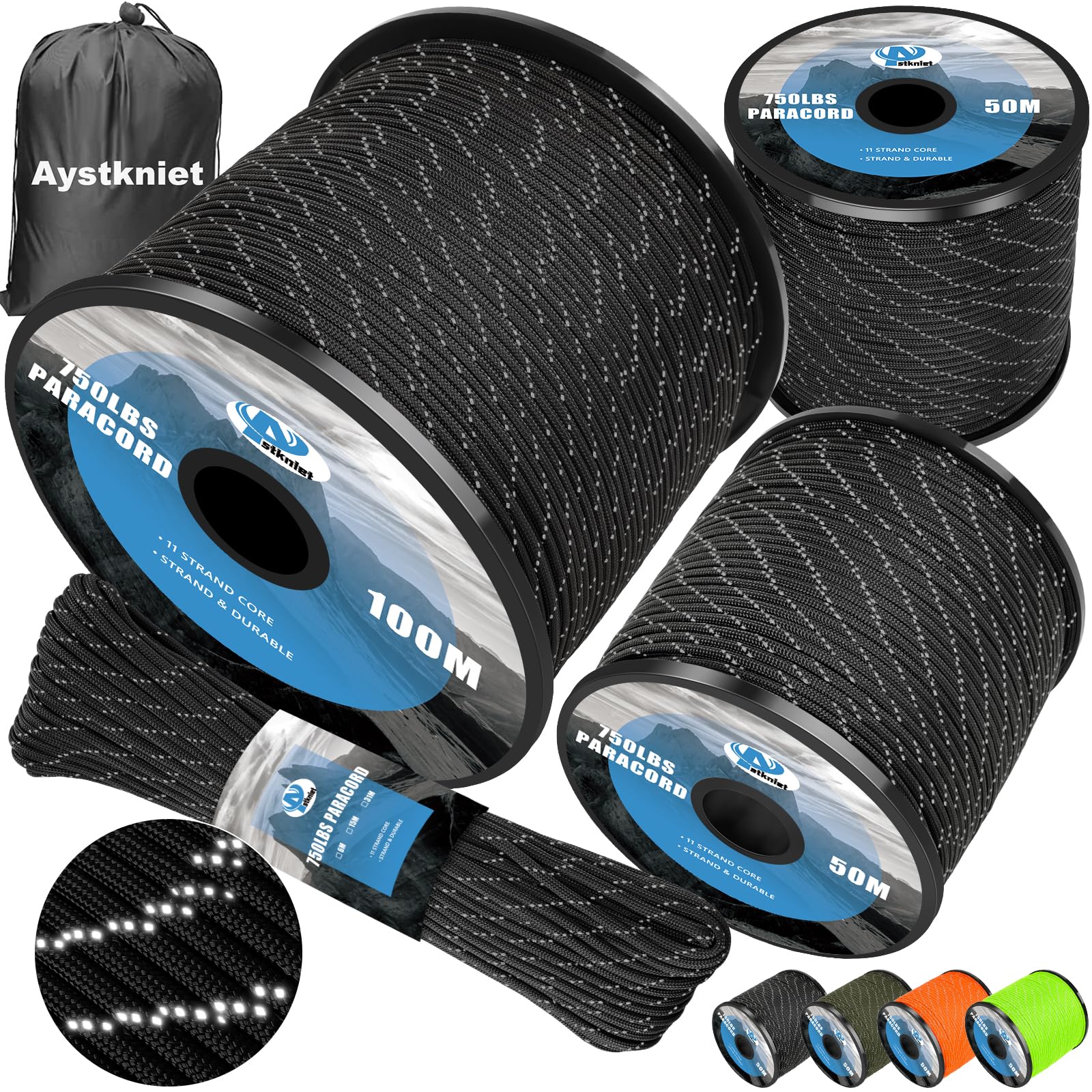 Aystkniet750LB Paracord Rope, 11 Strands Parachute Cord 15M / 50FT, 4mm Reflective Tactical Rope | Ideal for Paracord Bracelet Kit, DIY, Crafting, Camping, Survival, Outdoor and Home Improvement