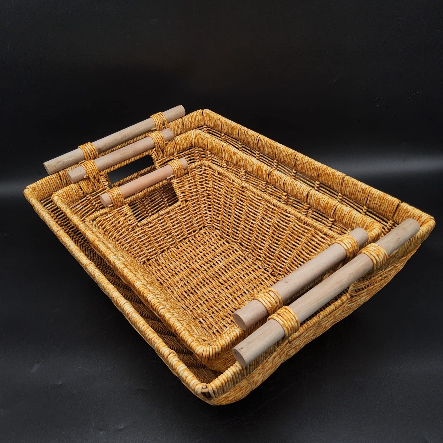 Wicker Basket Rectangular with Wooden Handles for Shelves, Natural Baskets for Organizing, Wicker Baskets for Storage Set of 3pcs Wicker Baskets for Shelves (43x30x13)
