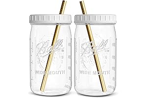 Reusable Glass Smoothie Cups with Lids and Straws (32 oz Mason Jars)