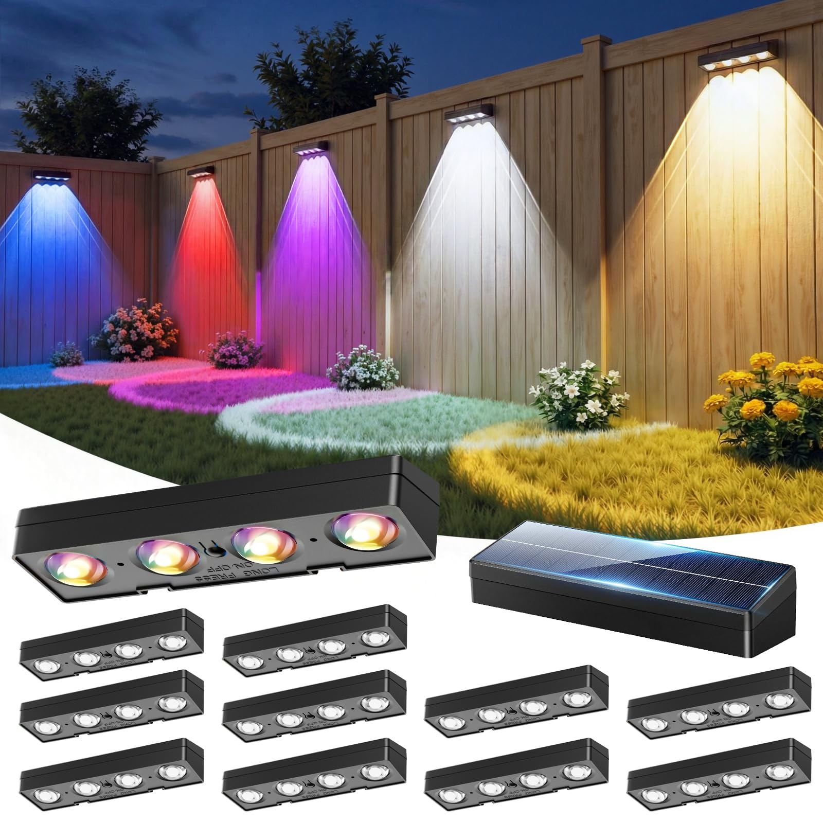 Photo 1 of JOFIOS Solar Fence Lights, 12 Pack, 9 Colors, 12 Modes, IP65 Waterproof