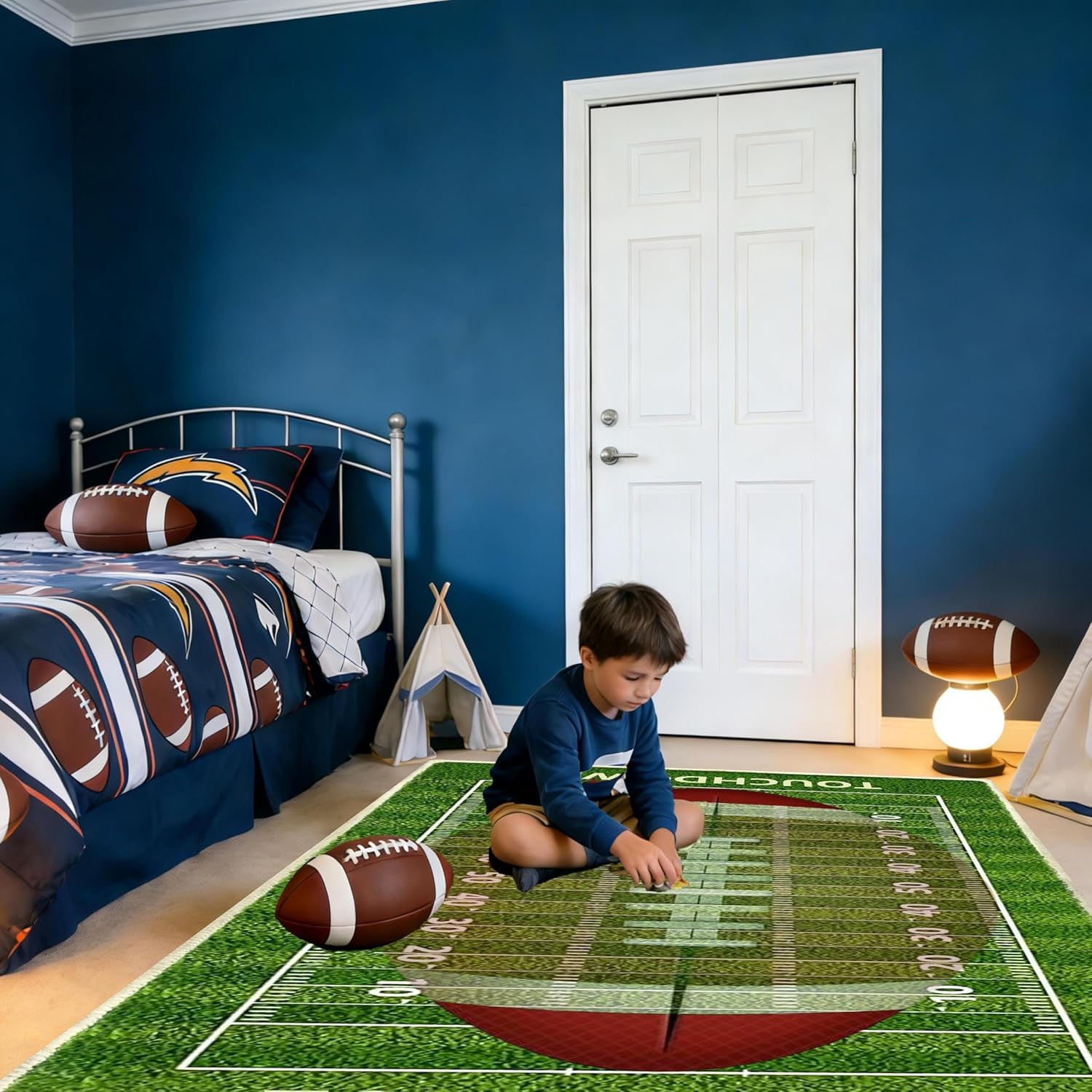 Football Field Rug, 5x7 Feet, Ultra Soft Faux Wool Area Rug for Boys Bedroom, Non-Slip Washable Sports Carpet for Game Room, Kid and Pet Friendly Living Room Rug