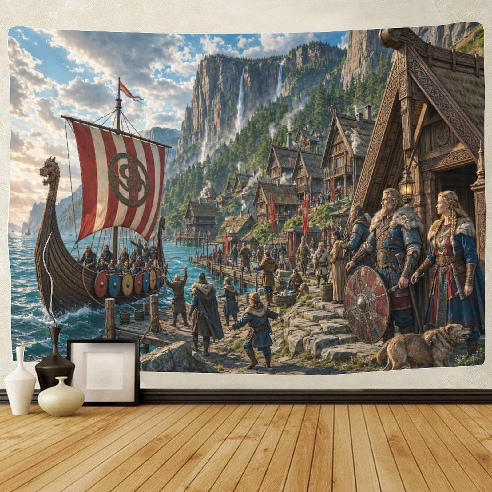 ASDFGHJKLZA Viking Longship Nordic Fjord Village Wall Tapestry 3D Print Wall Hanging Decor Tapestries Poster Home Decoration Bedroom Dorm 180cmx230cm