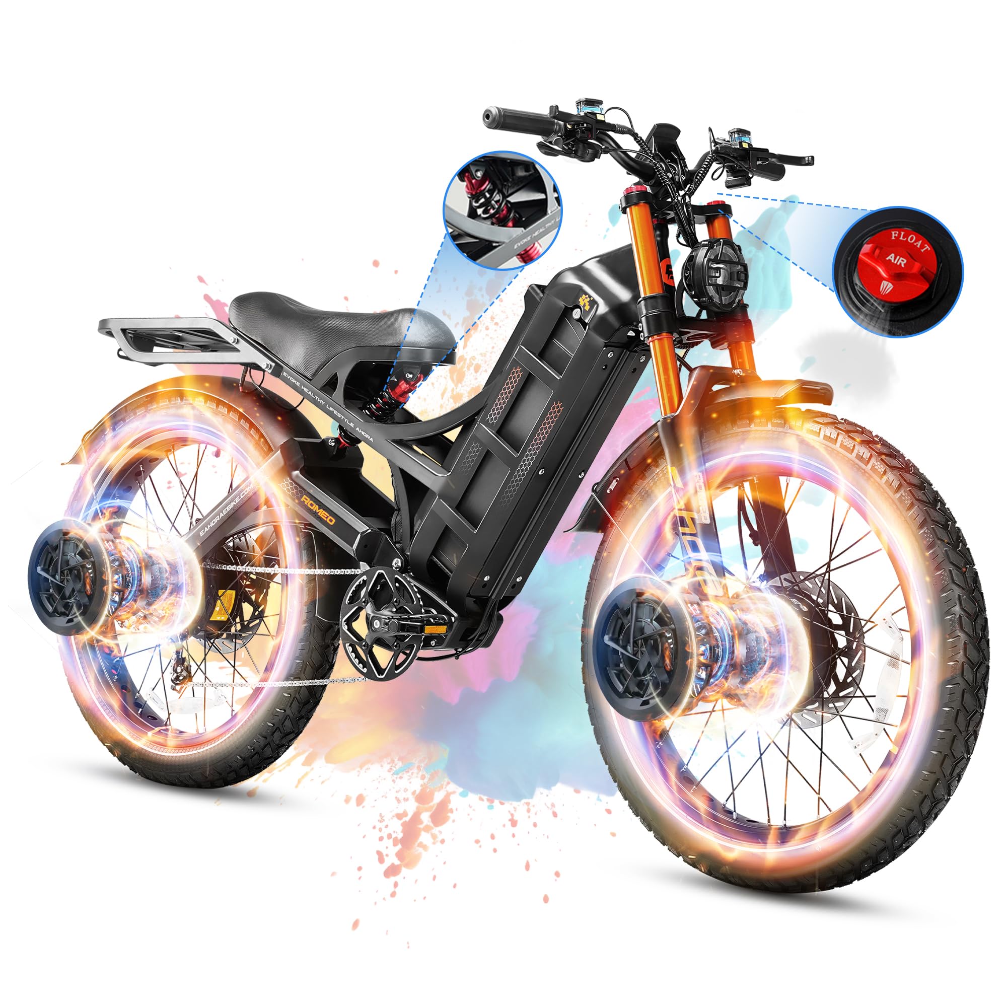 eAhora 2025 Romeo Pro 3/2 50-46Mph Electric Bike for Adults, 5600W/4000W Dual Motor Ebike, 60V/80Ah 52V/70Ah 200+Miles Long Range E-Bike, 26 * 4.0" Fat Tire Full Suspension Electric Mountain Bike