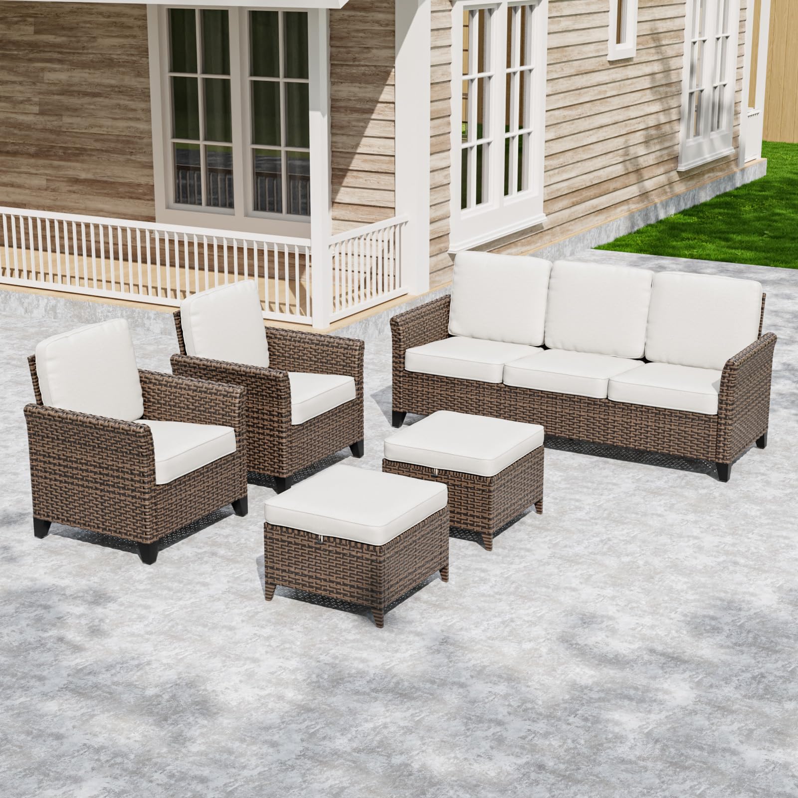 COOS BAY Harbor Retreat 5 Piece Outdoor Furniture Set, Patio Conversation Set with Patio Chairs, 3 Seat Couch and Ottomans, Wicker Furniture, Brown/