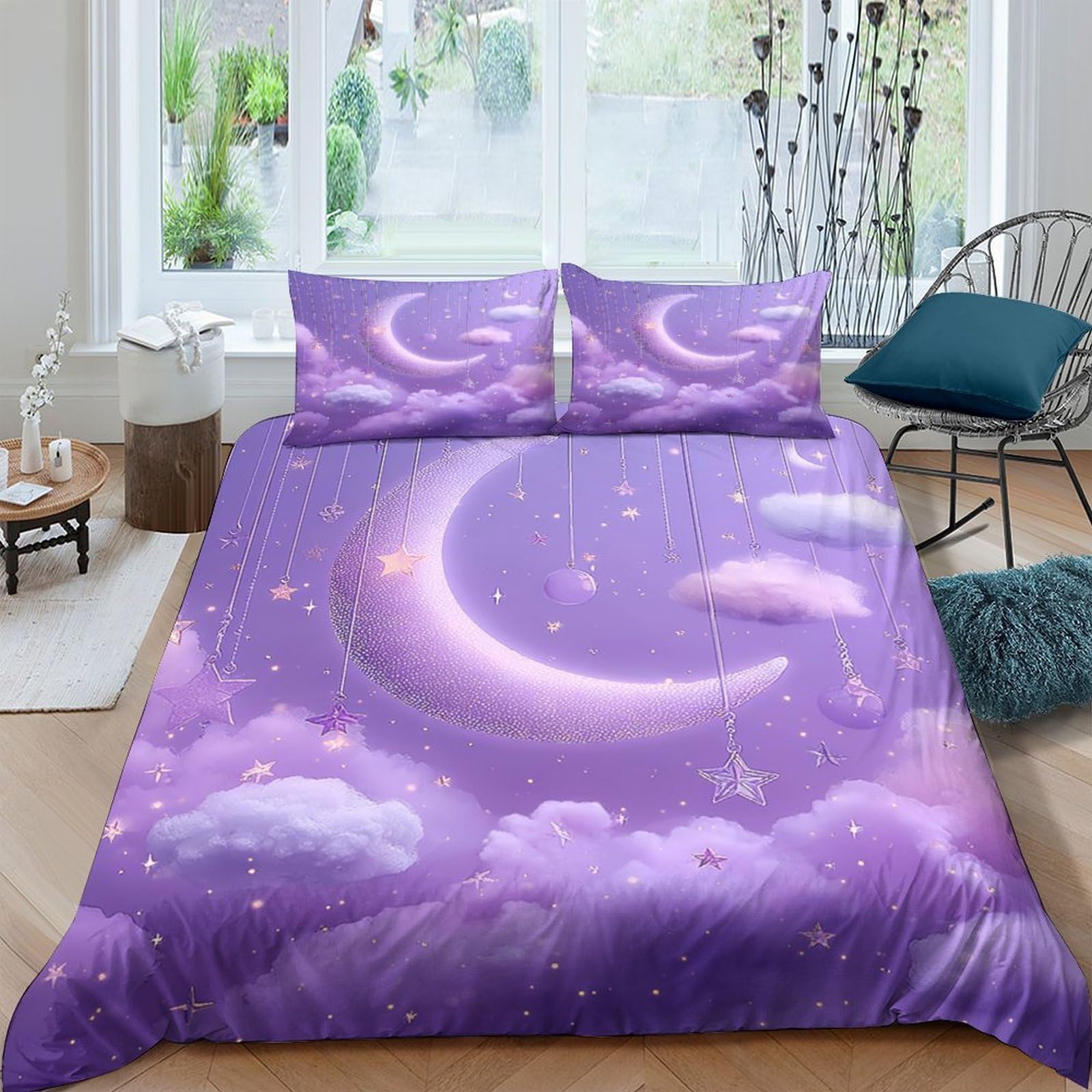 GPLZQXKJNH 3D Printed Purple Moon Clouds Duvet Cover Set Microfiber Soft Breathable with 2 Pillowcases for Bedroom Home Single（135x200cm）