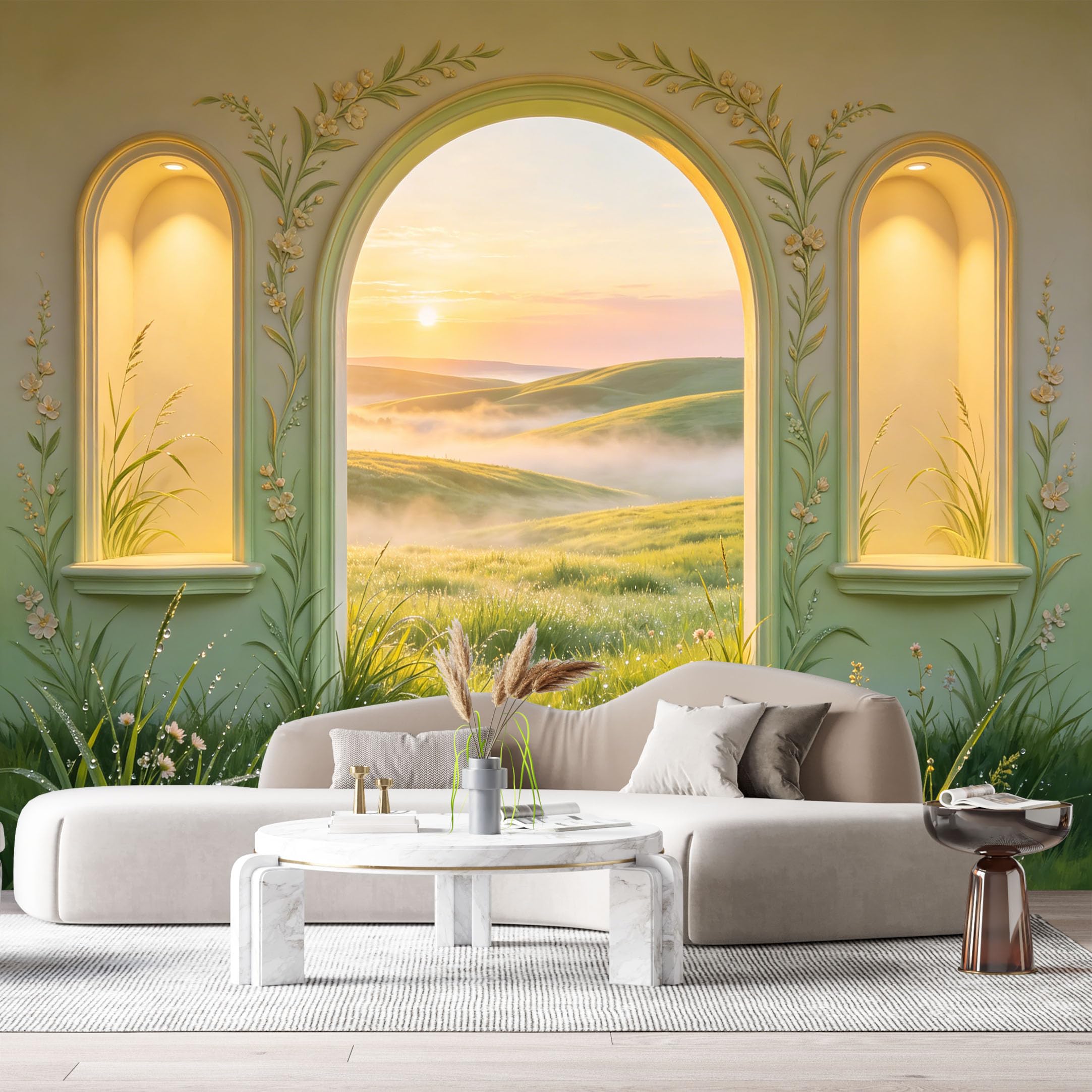 Custom Size Wall Murals Archway Sunrise Meadow Landscape 3D Trompe L'Oeil SelfAdhesiveWall Fabric Removable Wallpaper Wall Decor for Living Room Bedroom Bathroom