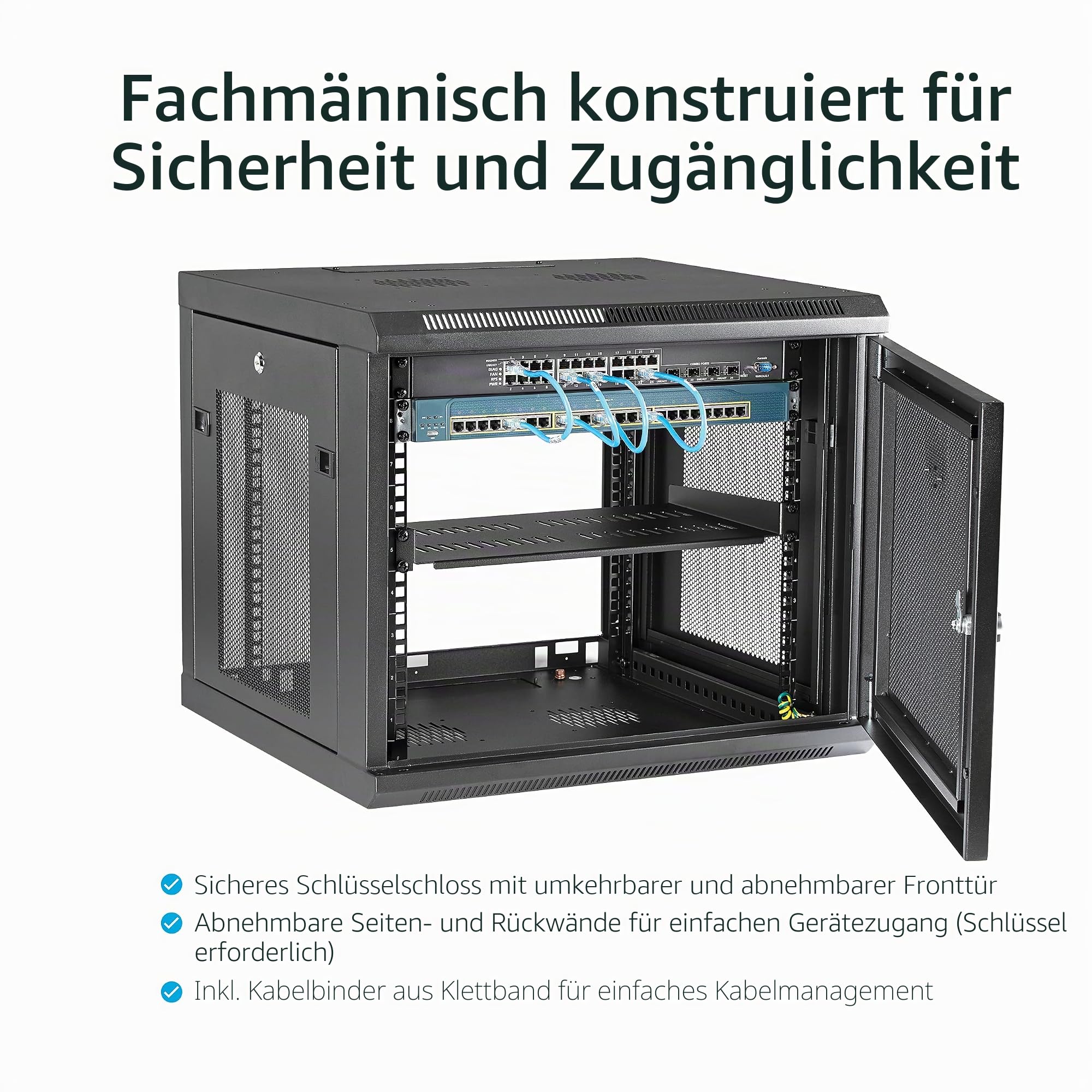 StarTech RK920WALM 9HE Wandmontage Server Schrank, 53 cm Schwarz | Server-Rack mit 1HE Fachboden, Für IT- und Datentechnik, Vormontiert geliefert, Einstellbare Tiefe