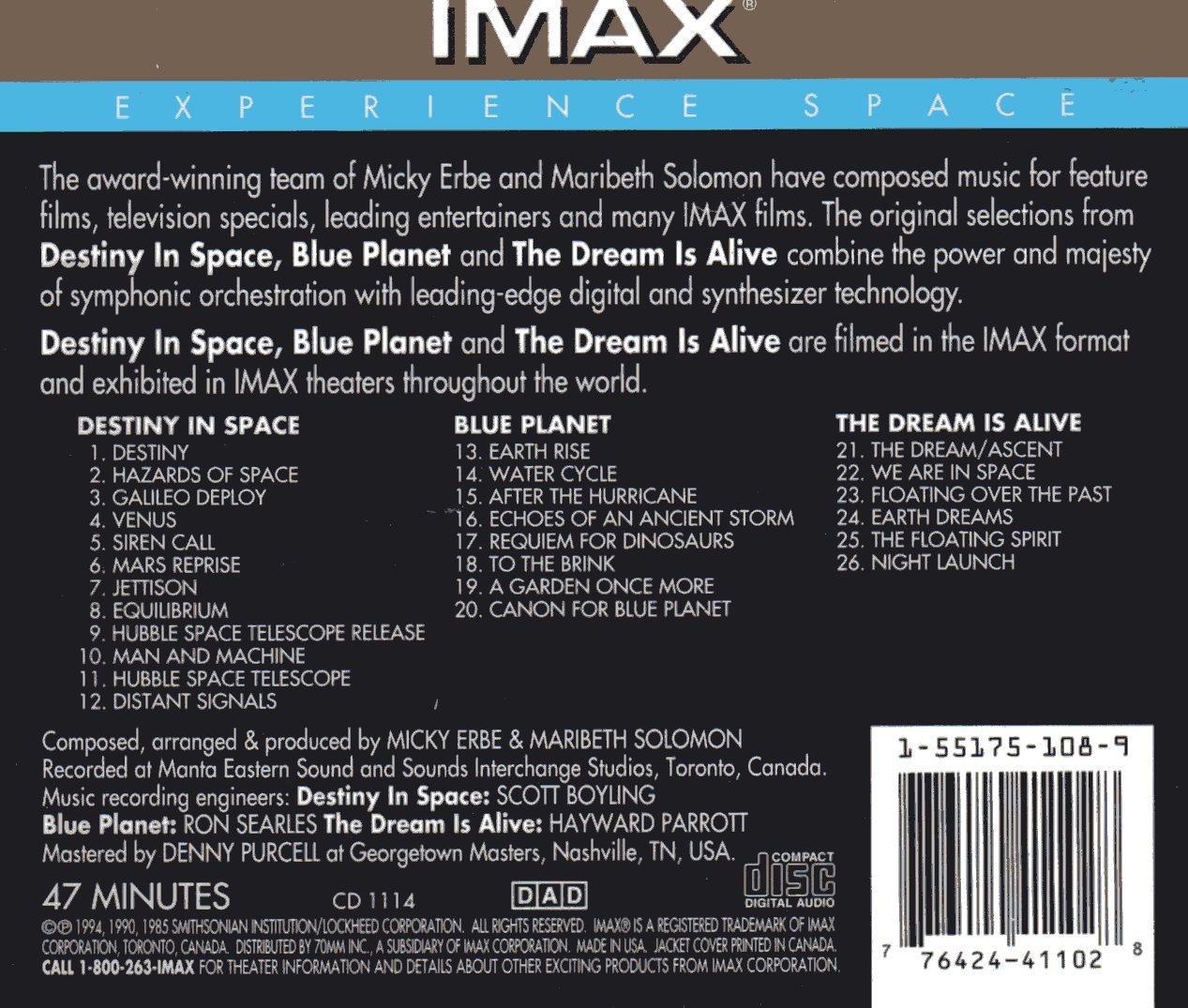 Destiny in Space, Blue Planet & The Dream Is Alive: Original Music Selections From the IMAX® Films