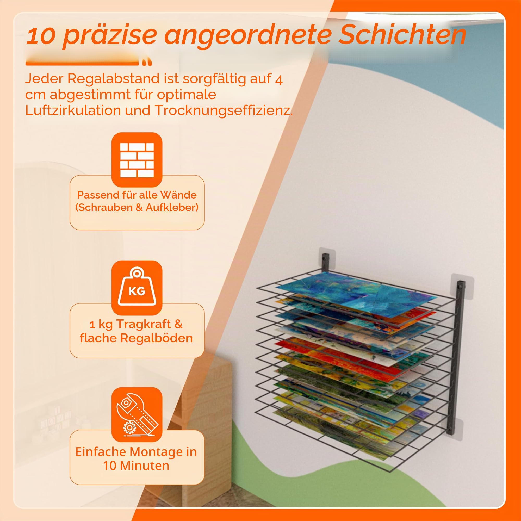 Kunst-Trockenständer, 10 verstellbare Regale, passend für alle Wände, Kunsttrockengestell für Klassenzimmer, Studios und kreative Räume