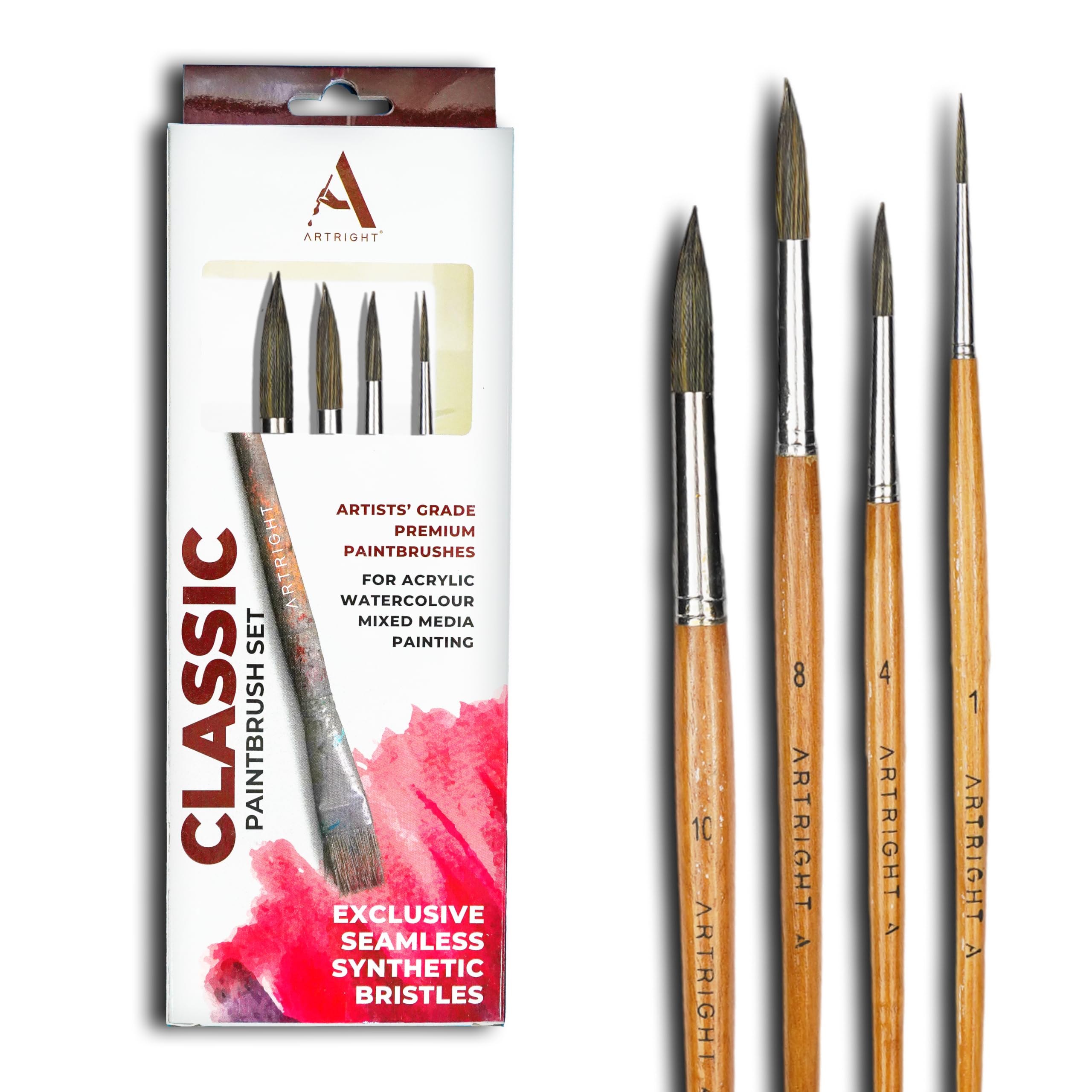 Artright Round Artist Paintbrush Set of 4Pcs, Natural Brown Handle Brushes for Fine Detailing, Line Work, Broad Strokes, Ideal for Acrylic, Watercolor Painting, Best for Beginner & Professional