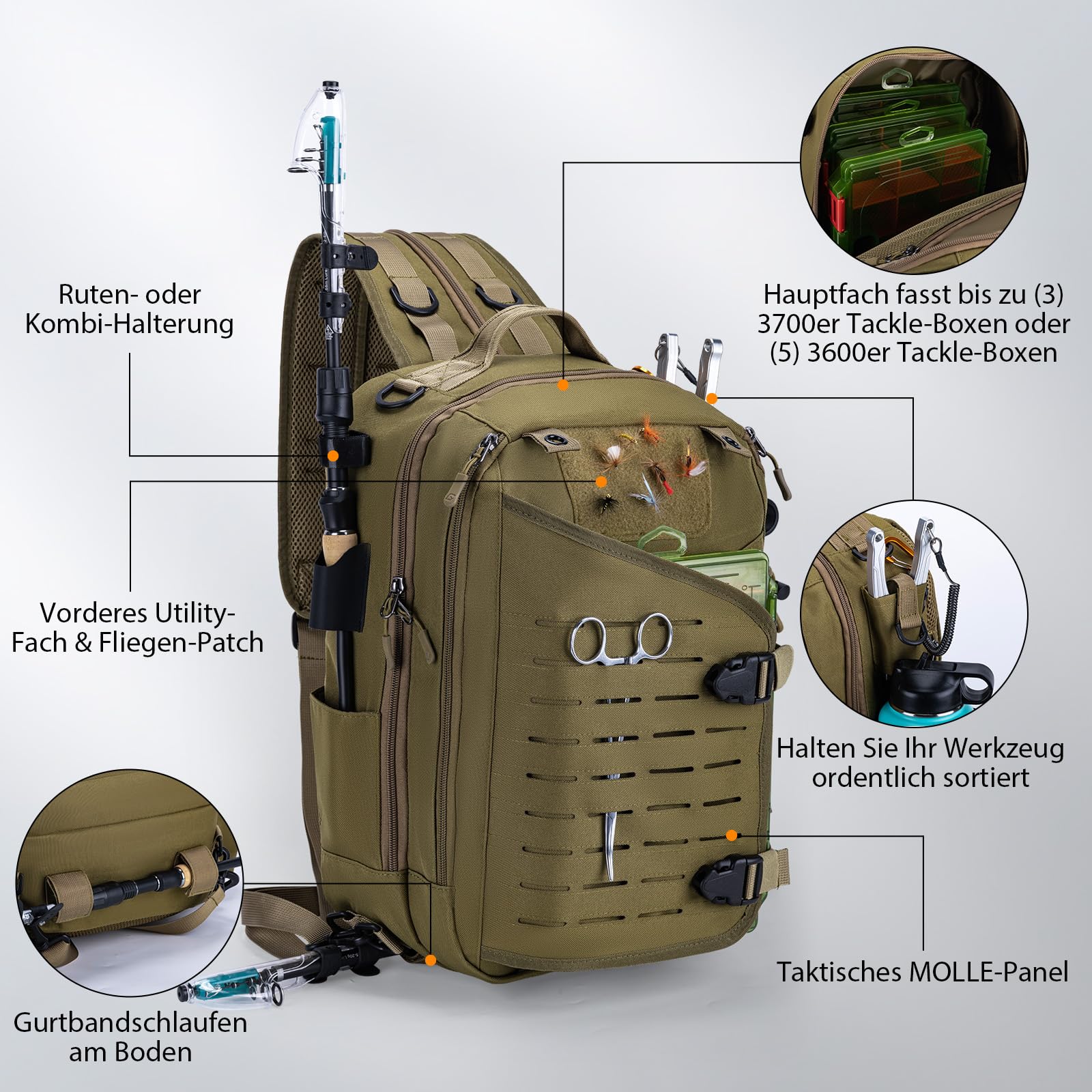 Goture Sling Tackle Bag - Borsa a tracolla da pesca, con porta canna da pesca, sistema MOLLE, spazio per esche artificiali e accessori, Cachi con 3 scatole per esche, Tracolla