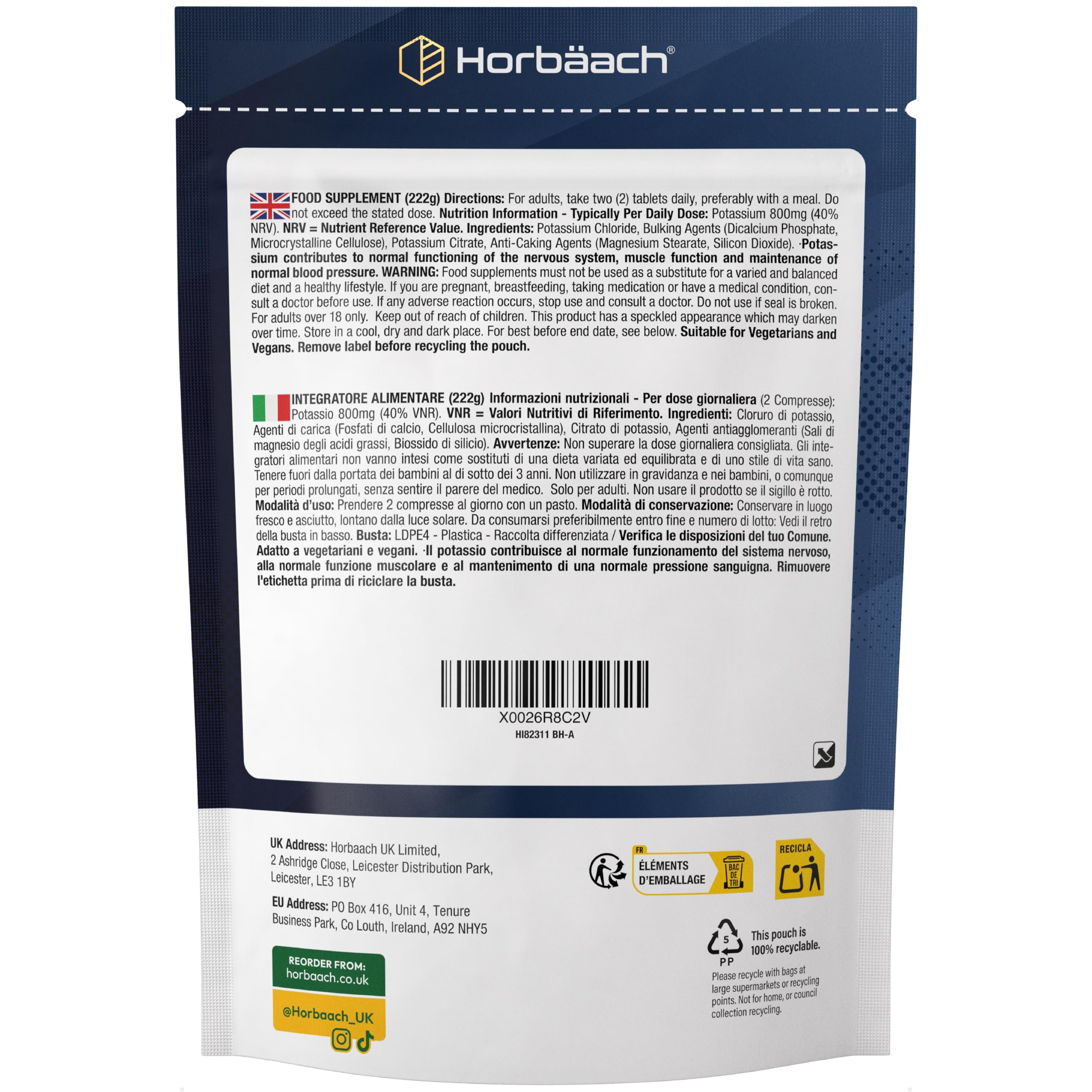 Potassio Integratore 800mg | 120 Compresse Vegane | ad Alto Dosaggio | Potassium | Horbaach