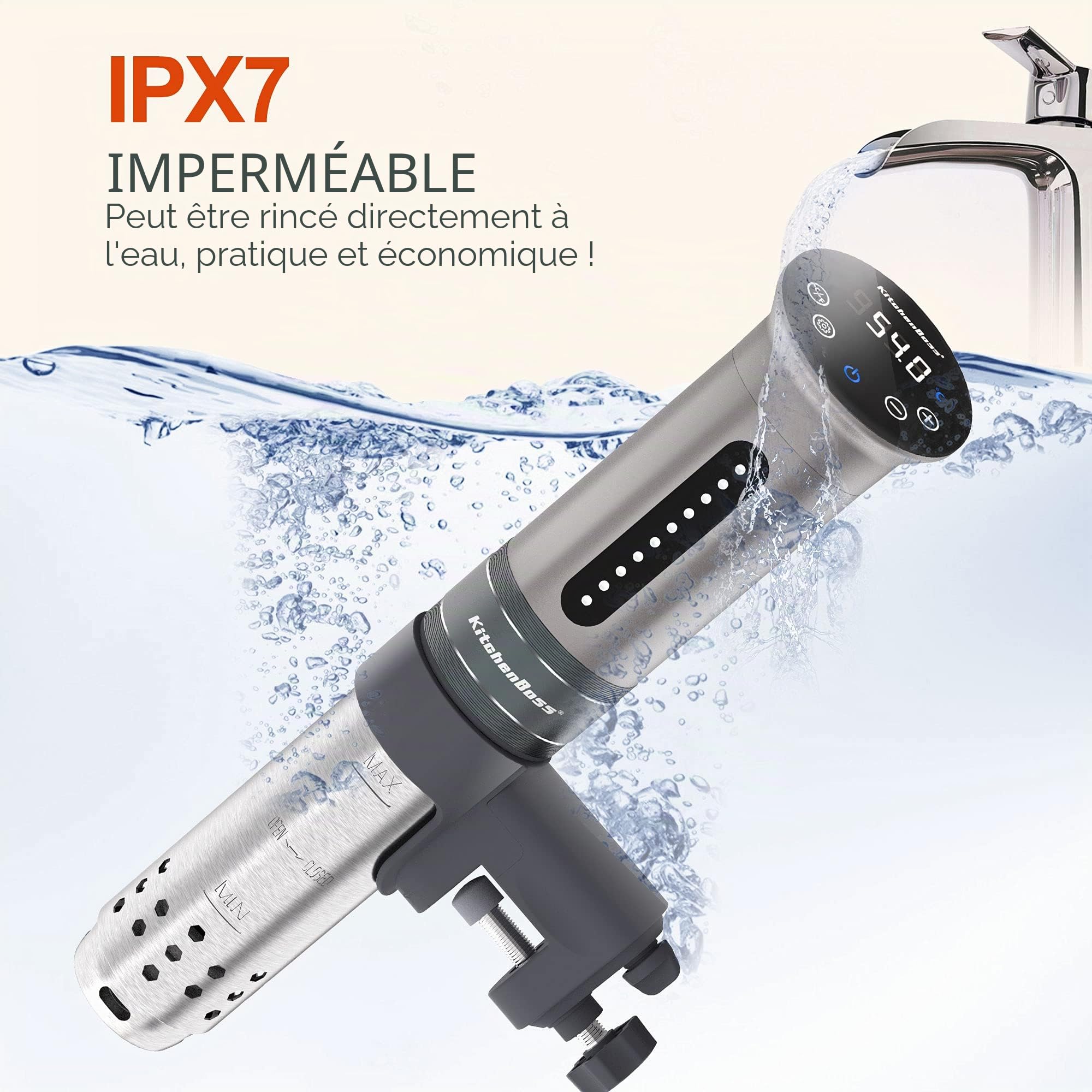KitchenBoss Sous Vide Roner Cuisine à basse température Slow Cooker Circulateur thermique professionnel IPX7 étanche, minuterie avec écran tactile, argent