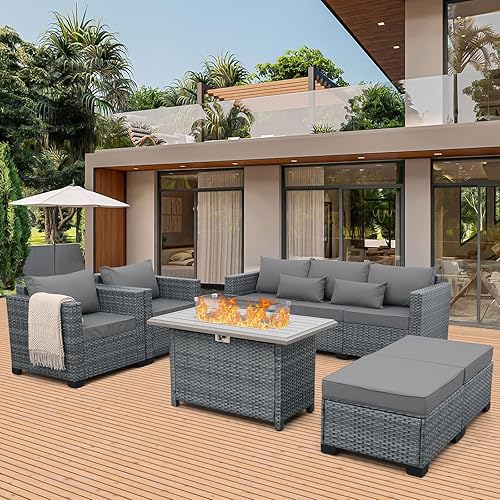 Miniatura 2 de Juego de 6 muebles de mimbre para patio, juego de conversación al aire libre, sofá seccional de ratán de polietileno con mesa para fogatas de 45