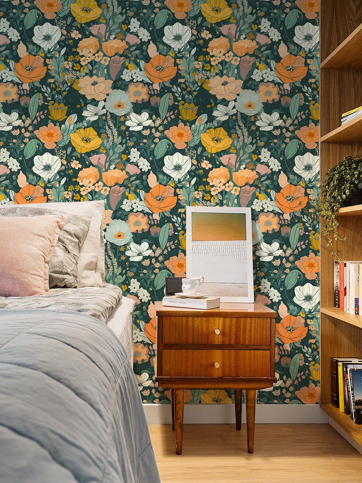 Self Adhesive Wallpaper Floral, 44.5 x 500 cm Colorful Flower Wallpaper Floral Vinyl Wrap Green Leaf Plants Forest Boho Self Adhesive Furniture Wrap for Living Room,Bathroom,Drawer,Cabinets,Bedroom