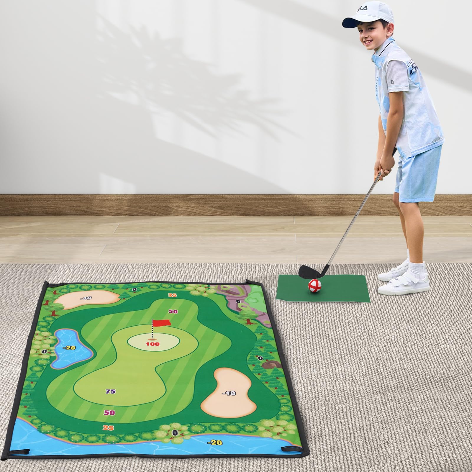 Bambini Arco e frecce e Mini Golf 2 in 1 Set di Giocattoli con 6 frecce e 12 Palle da Golf, Regalo per Ragazzi e Ragazze da 3 a 12 Anni, Giochi interattivi per la Famiglia all'aperto