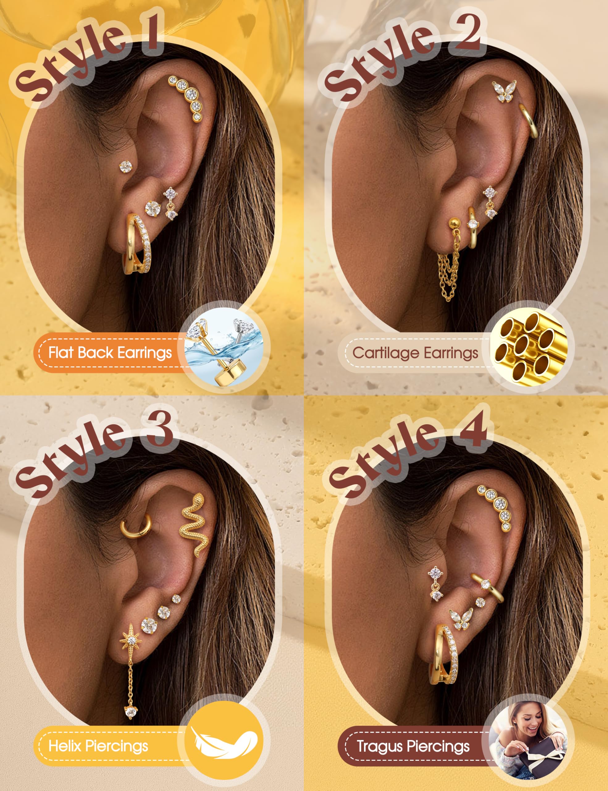 LOYALLOOK 20G Cartilage Earrings for Women Hypoallergenic Surgical Stainless Steel Stud Hoop Cartilage Earring Set 14K Gold Plated Flat Back Earrings Daith Conch Tragus Helix Piercing Jewelry Single