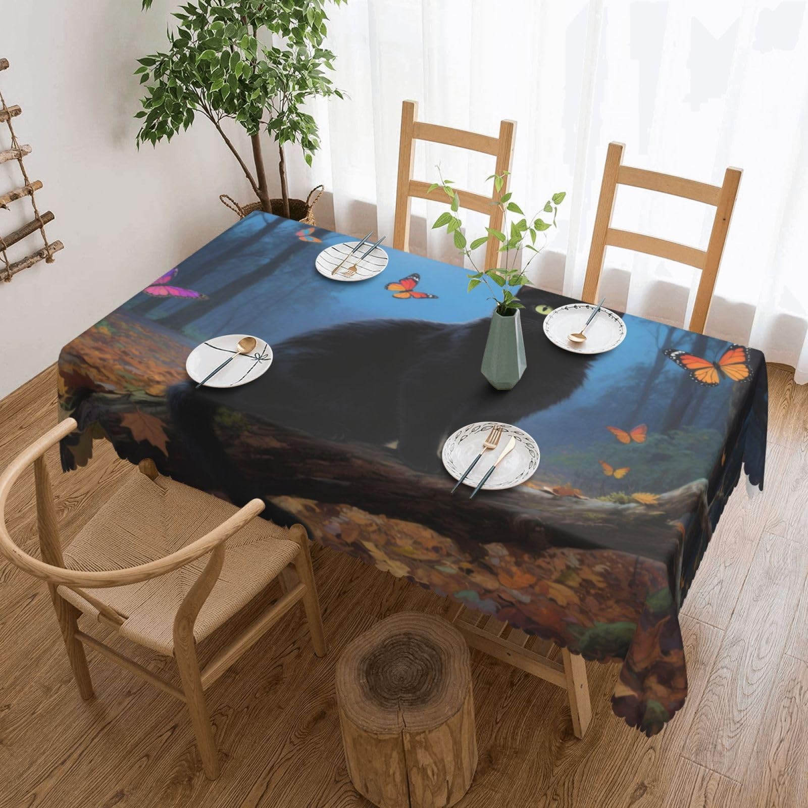 Nappe de table déperlante 137x183cm chat et papillon lune pour salle à manger