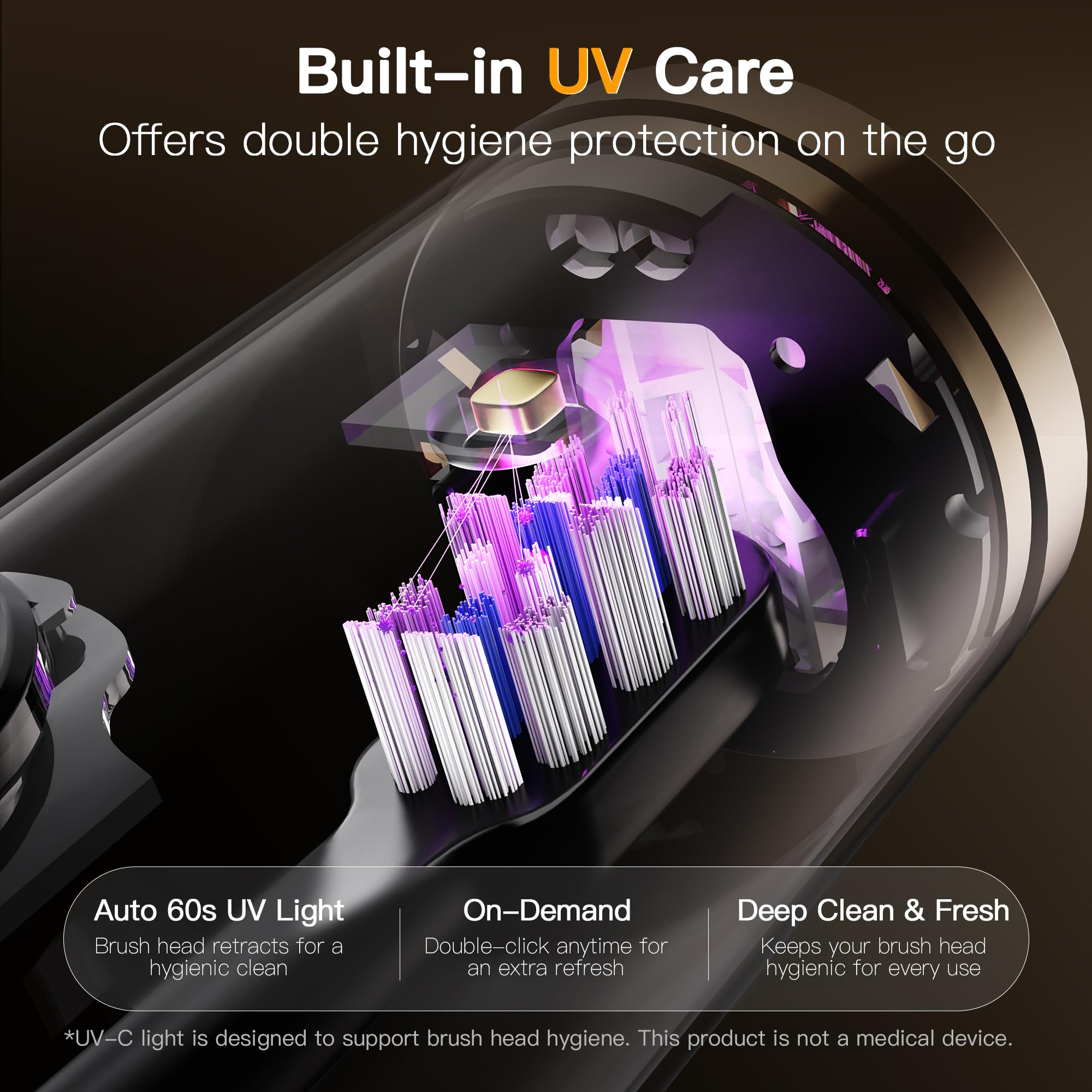 M23 Versenkbare Reisezahnbürste mit UV-Reinigung, Schallzahnbürste, Elektrische Zahnbürste für Erwachsene, 30 Tage Akku, Aluminiumgehäuse, 130g Ultraleicht, 3 Modi, USB-C, IPX7, Schwarz