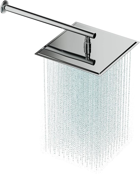 Aqua Bagno Mega Kare Tepe duşu 30x30 cm, Duvardan Duş kolu 42,5 cm. Paslanmaz Krom - 2 Parça Set