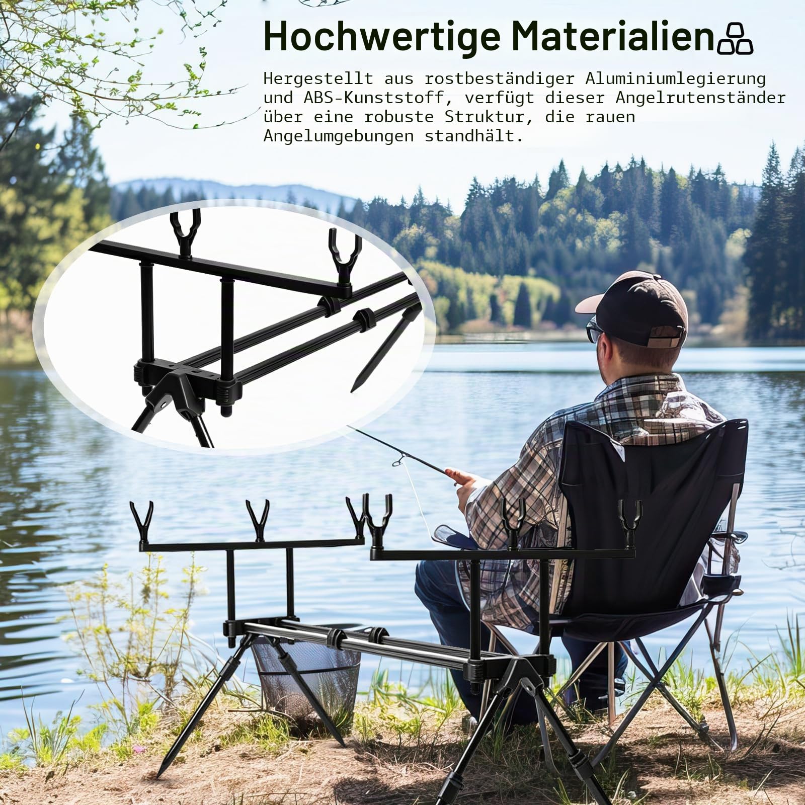 Rutenhalter, 64-121 cm Ausziehbarer 3-Stab-Karpfenangeln Rod Pod Rutenständer mit Tragetasche und 6 Rod Rest Köpfe Höhen- und Längenverstellbar Dreiköpfiger Angelrutenhalter für Karpfenuferangeln