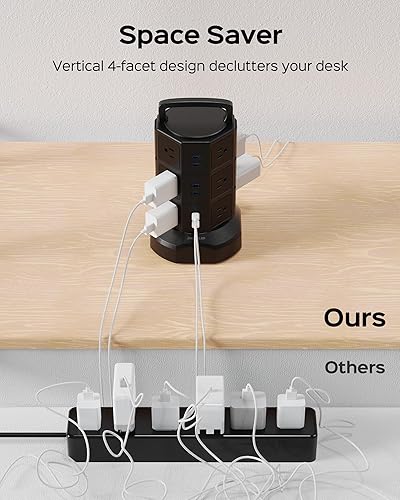 Miniatura 5 de JACKYLED - Regleta de alimentación con protección contra sobretensiones, torre eléctrica de sobretensiones de 1625 W, 13 A, 12 tomas, 6 puertos USB,