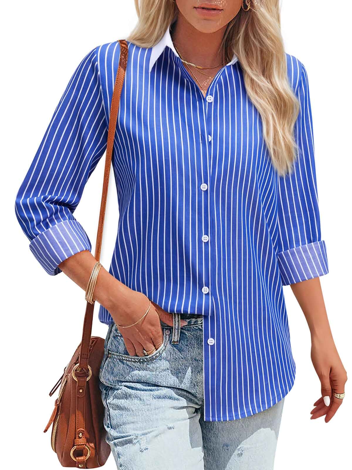 siliteelon Striped Button Down Shirts for Women Collared Long Sleeve Blouse 100%cotton，Business Casual Outfits,French Cuff,Work Office Soft Top,With Jeans&Leggings,Classic Dress Shirt,Old Money Style