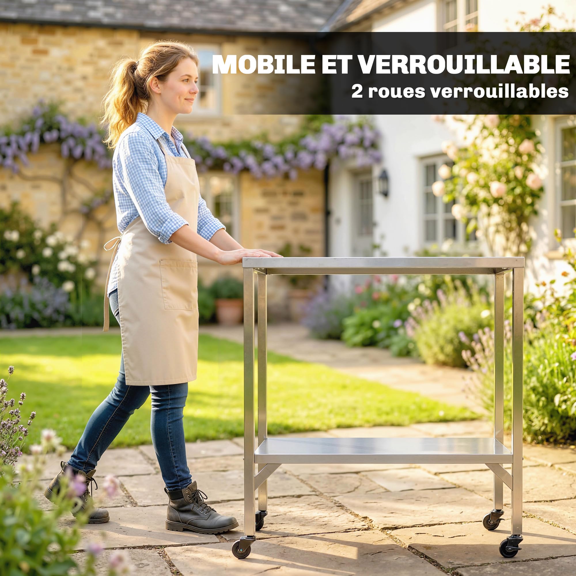 Outsunny Chariot de Barbecue en Acier Inoxydable - Table de Préparation Extérieur de 85x60cm avec Plan de Travail et roulettes - Desserte de Jardin Stable pour Four à Pizza et Grill, Argenté