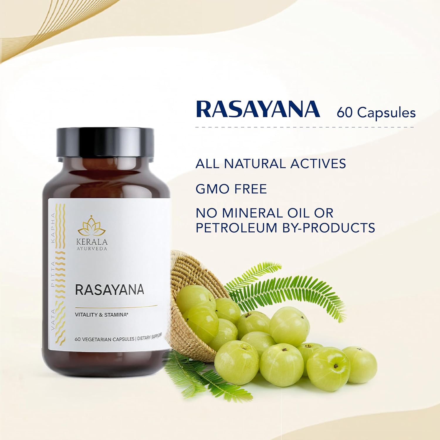 Kerala Ayurveda Rasayana - Herbal Capsules with Amla and Tribulus to Improve Vitality, Support Healthy Aging, and Improve General Wellbeing, 60 Count