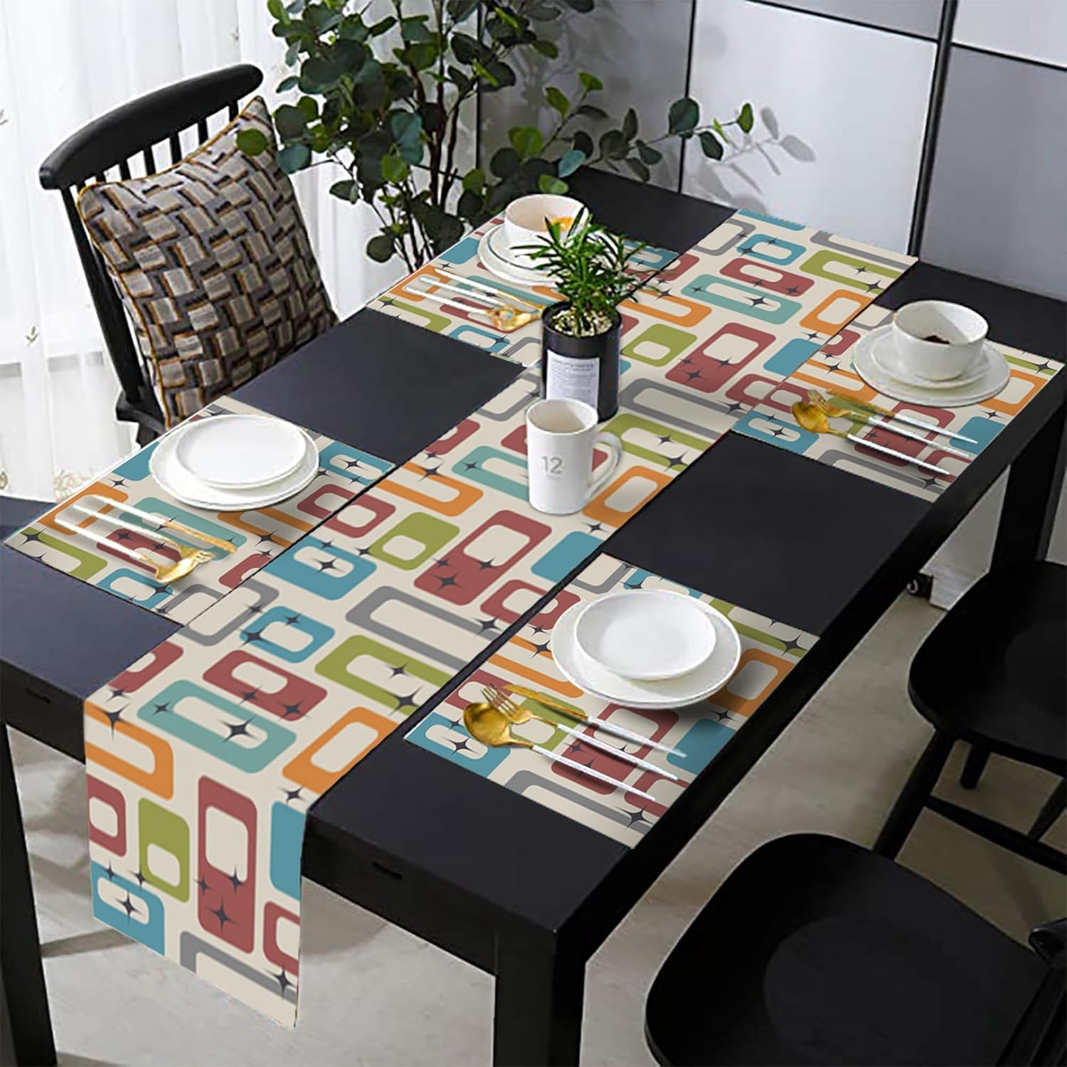 Mid Century Modern Table Runner and Place Mats Set of 6 Colorful Geometric Shapes Linen Dining Mat Sets Washable Retro Tabletop for Home Table Decorations 90 Inches Long