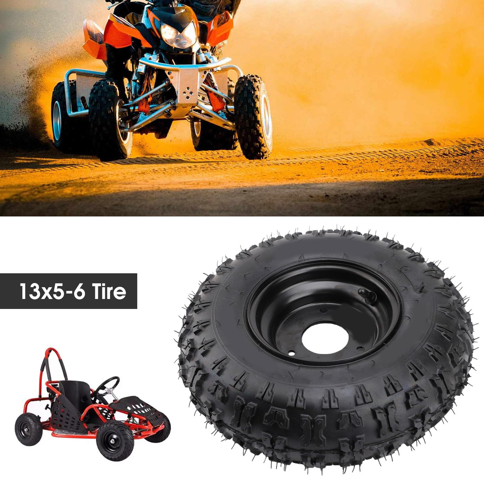 Tbest 13x5-6 Pneumatico per Tosaerba Pneumatico per Tosaerba per Trattore da Giardino 4 Strati Tubeless 3 Stud 6 Pollici Cerchio Nero off Road Trazione per ATV Quad Go Kart