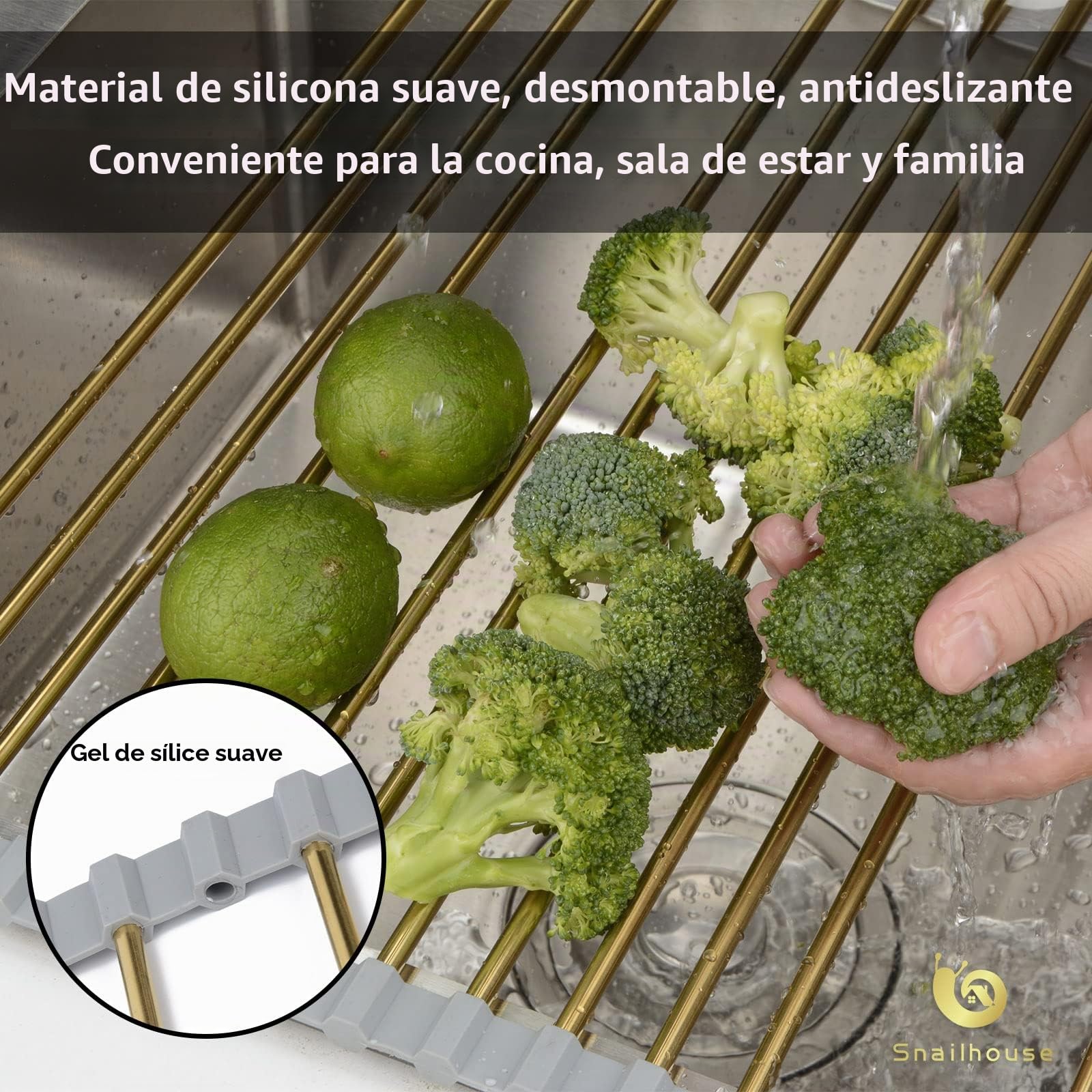 Snailhouse Escurreplatos enrollable, escurridor de platos de acero inoxidable sobre el fregadero con silicona antideslizante para encimera de cocina, dorado (17.8 x 11.8 pulgadas) | Escurreplatos de acero inoxidable sobre el fregadero con silicona antides