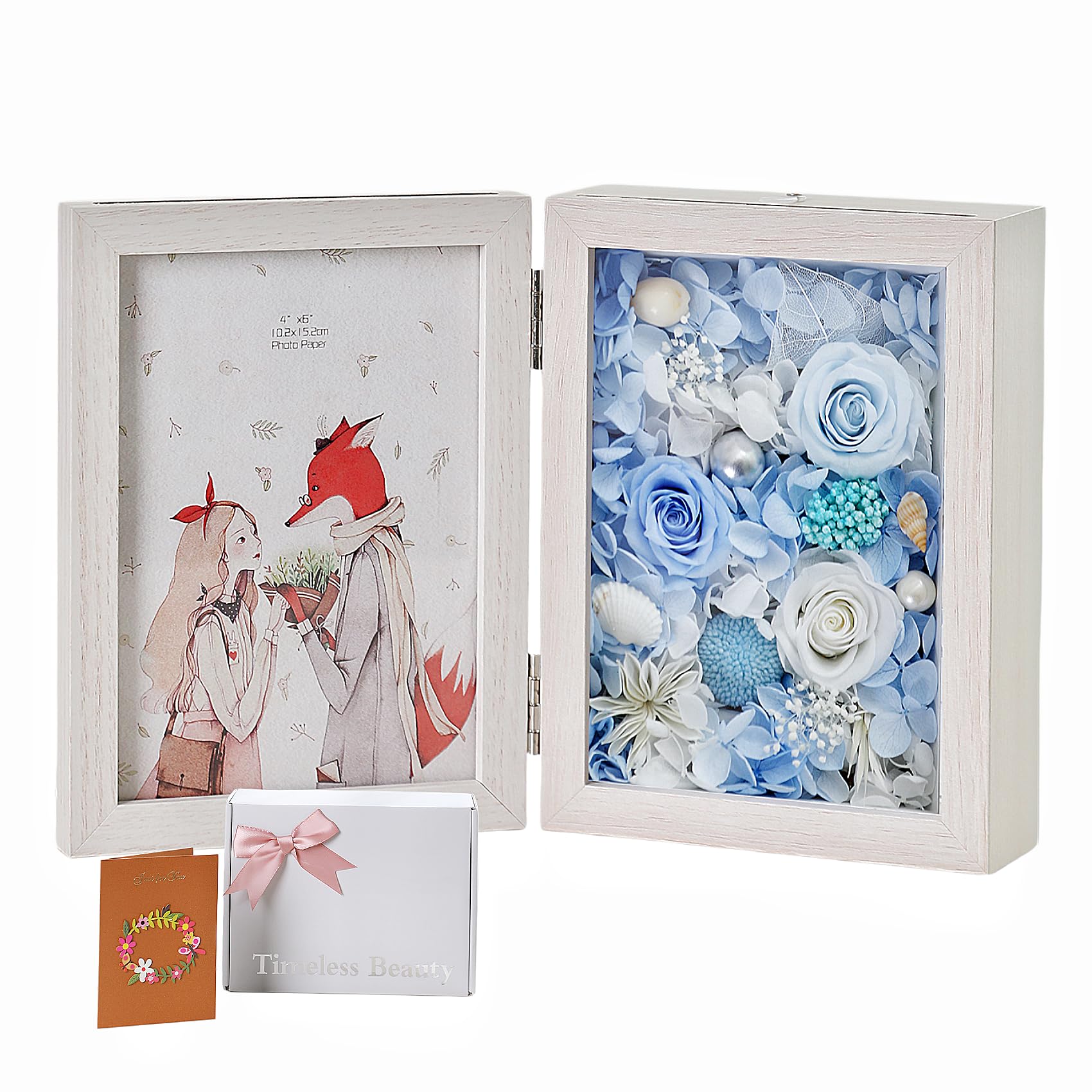 【母の日ギフト2026】プリザーブドフラワー フォトフレーム/写真立て おしゃれ インテリア ギフト プレミアムモデル 退職祝い 結婚祝い 誕生日プレゼント 記念日 新築祝いフラワーアレンジメント 色褪せない永遠の花 卓上飾り (ブルー, M)