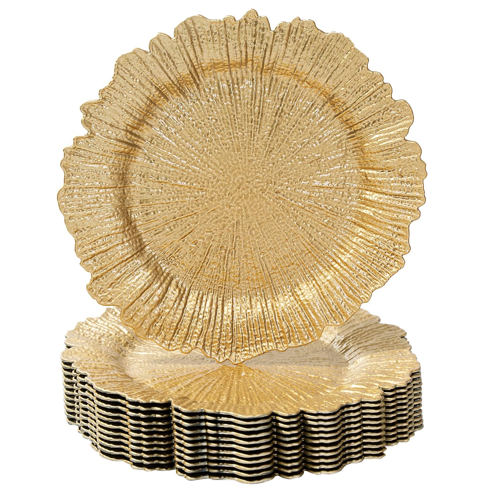 Maoname Gold Charger Plates Set Of 12, Reef Plate Chargers For Dinner Plate, Plastic Decorative Plates For Table Setting, Thanksgiving, Christmas