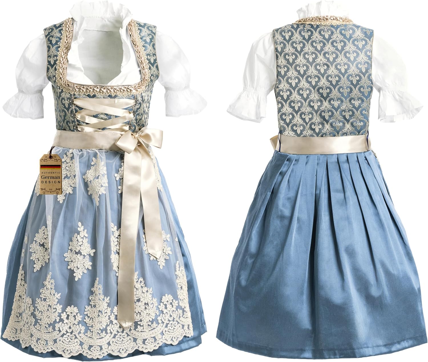Women's Blue Gold Dirndl Dress - Modern Fit, Polyester-Cotton, Traditional German Oktoberfest Attire, Size L Large Blue Gold