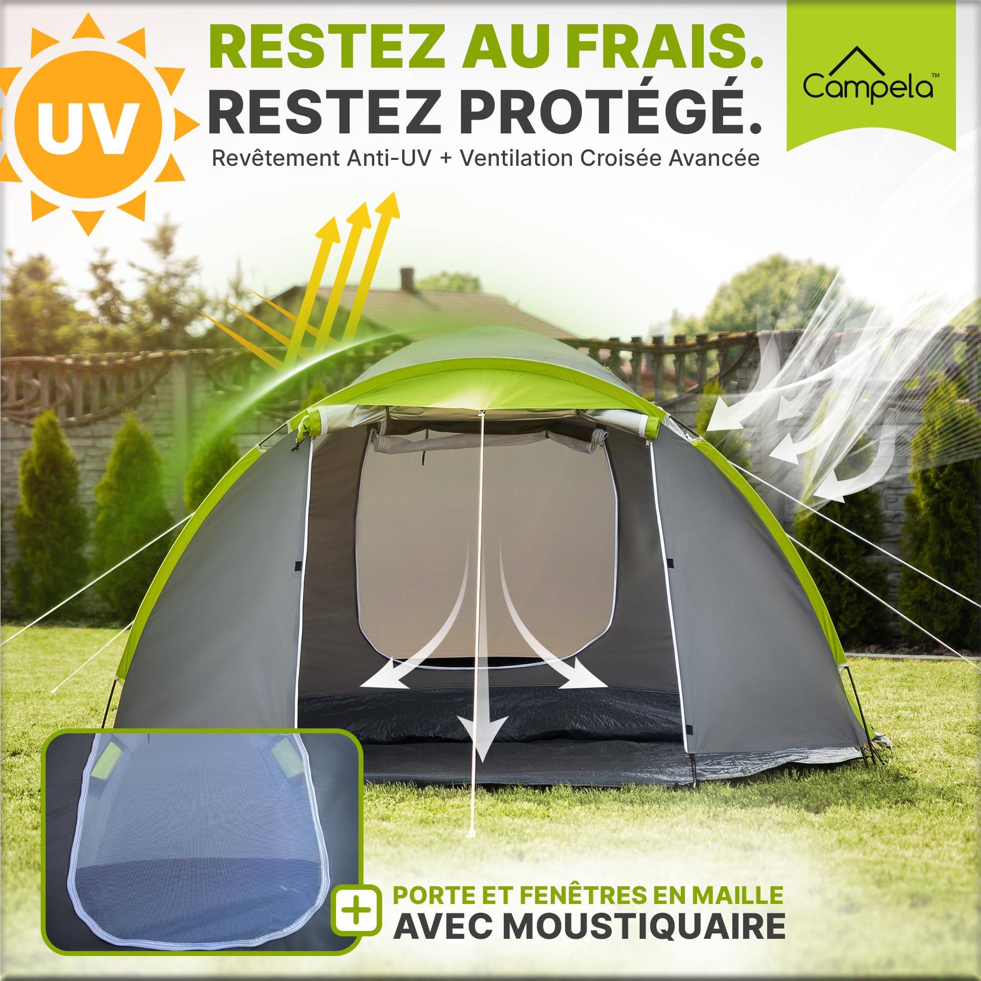 Tente Touristique Campela, Familiale Tropicale, pour 4 Personnes - étanche 3000m, Coutures étanchées, CA0013