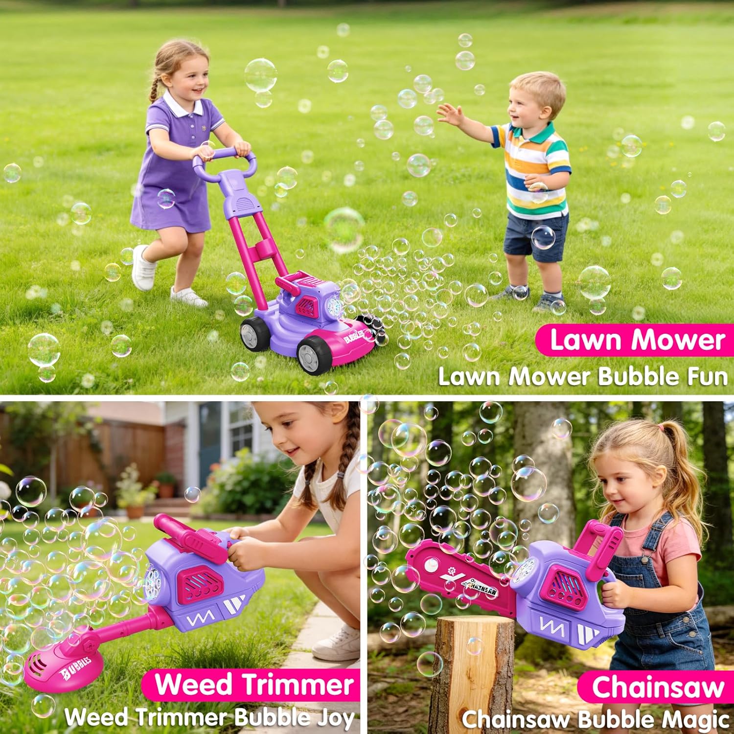 Bubble Lawn Mower for Kids Ages 3-8, 3-in-1 Bubble Machine with 10 Bubble Solution Refills, Outdoor Push Toy for Toddlers Boys Girls, Easter Summer Birthday Gift for 3+ Year Old