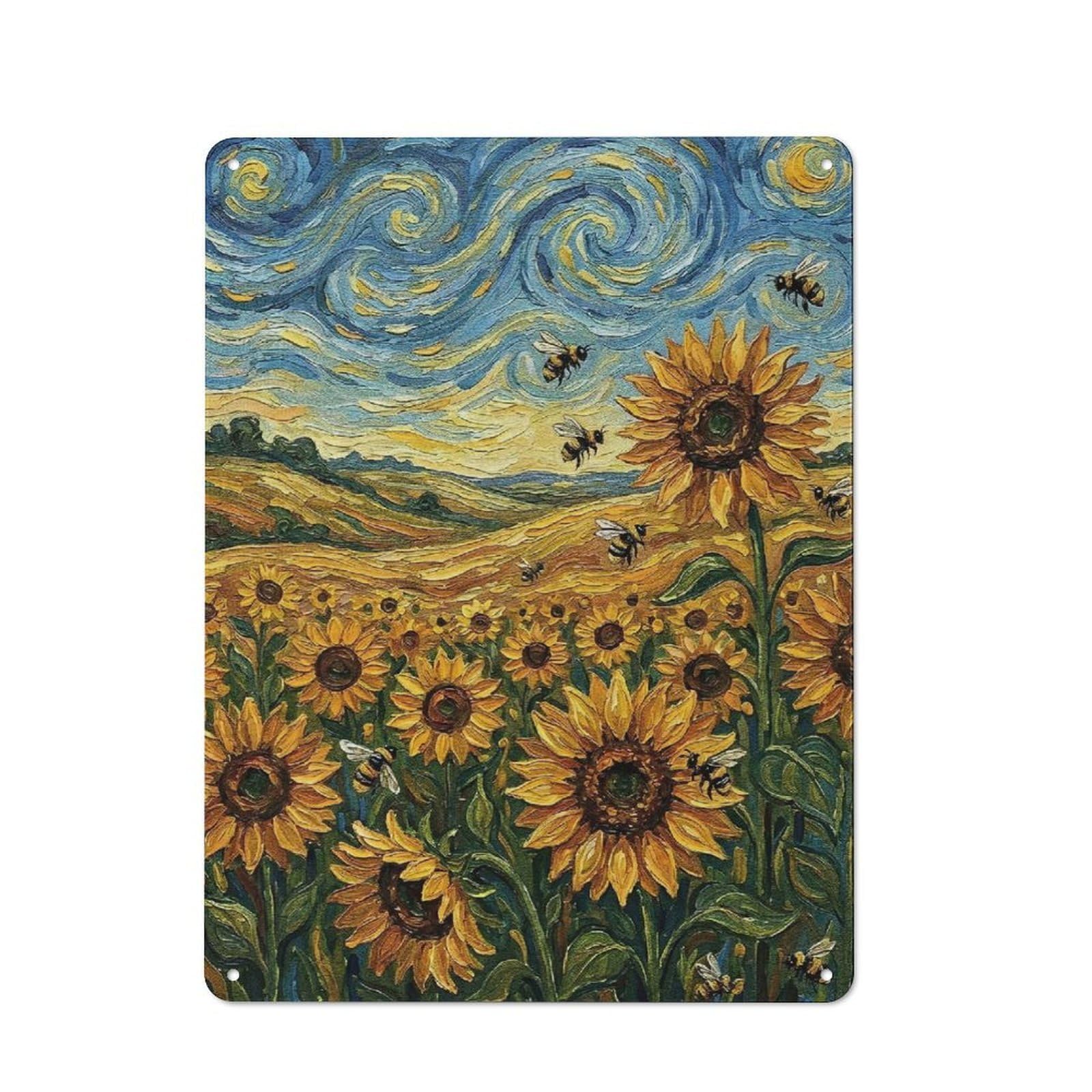 Junmoney Style-20 Tin Wall Plaque 40X30cm With Sunflower Field With Bees, Van Gogh Style For Café Or Restaurant, Housewarming Present For People Styling Café And Restaurant