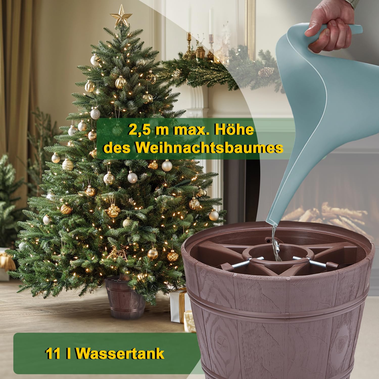 Weihnachtsbaumständer Ø 29 cm | Christbaumständer für Bäume bis Ø 9 cm - 2,5 m | Tannenbaumständer mit Baumdünger für stabile und langlebige Weihnachtsdeko, verlängert die Frische des Baumes | Braun