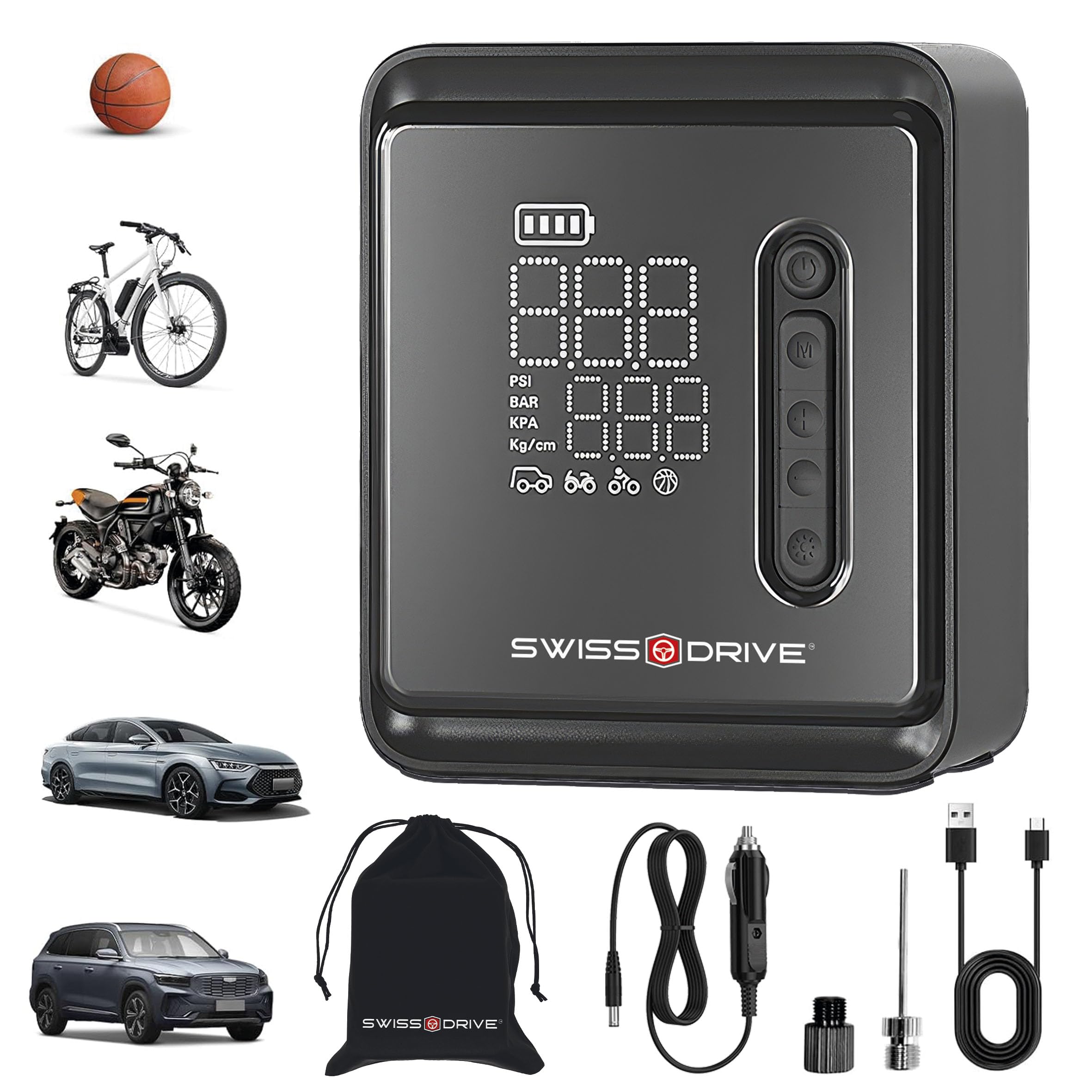 S SUMEX Mini Compresor Aire Portatil Bateria Recargable Inflador Ruedas Coche 160PSI/10,3Bar/12V/120W con Iluminación LED de Emergencia y 5 Modos de Inflado para Coche Moto Pelota Bicicleta