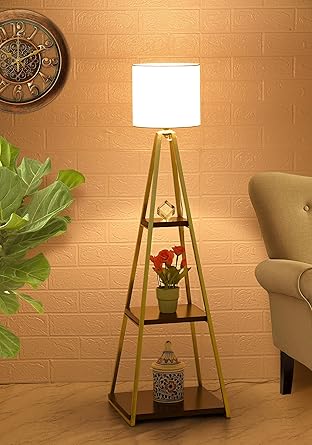 Rust & Shine Elif Floor Lamp - Gold and White Finish | with Sturdy Iron and Wood Construction | Warm Lighting Night Floor Lamp for Home, Bedroom & Living Room D?cor with Display Stands