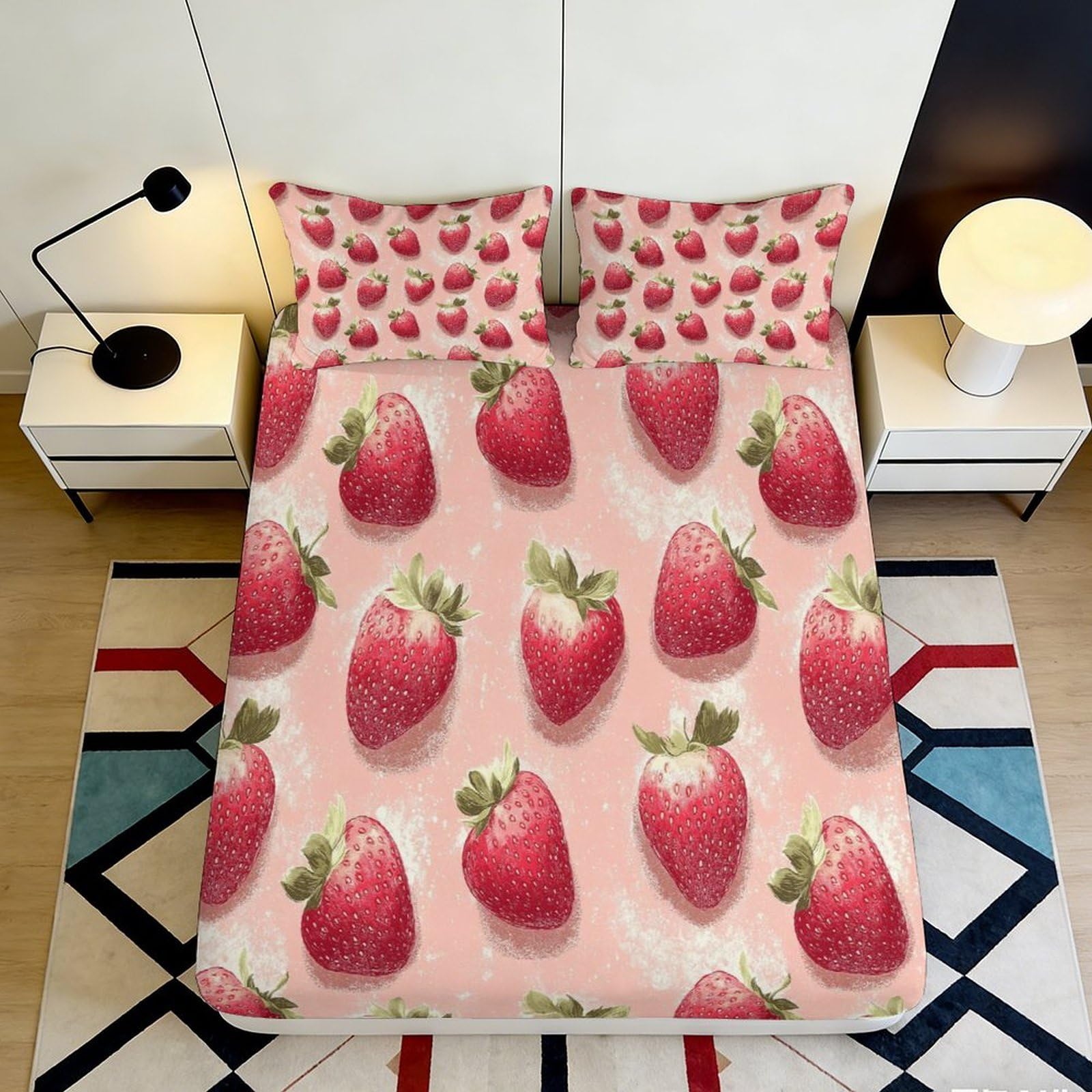 3D Printed Strawberry Pink Fitted Sheet Microfiber Soft Breathable Fruit Bed Cover for Bedroom Dorm Mattress Protection Decor 120x200x25cm